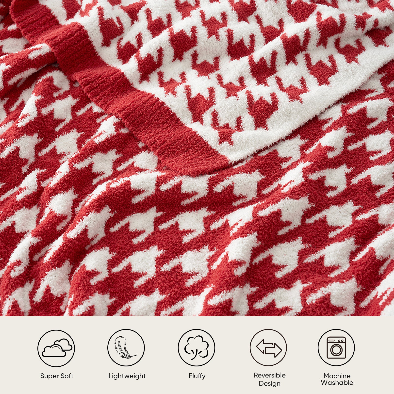 Red and white houndstooth patterned fabric with product features listed below.  #Color_Red/Cream