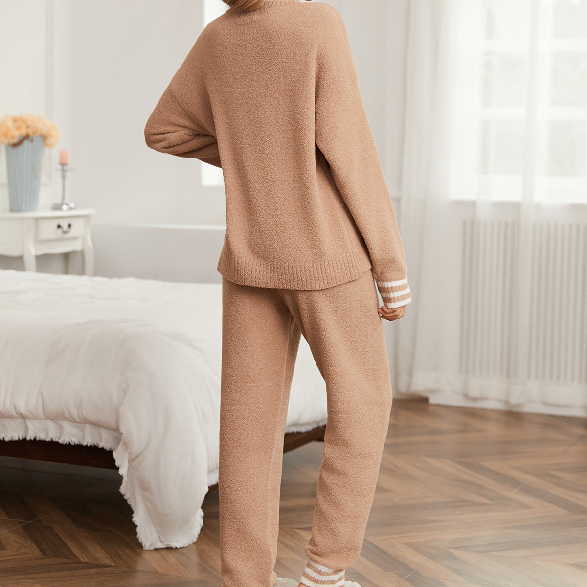 Snuggle Sac women long sleeve crewneck knit loungewear set in Khaki, back view showcasing relaxed silhouette and soft knit texture #color_Khaki