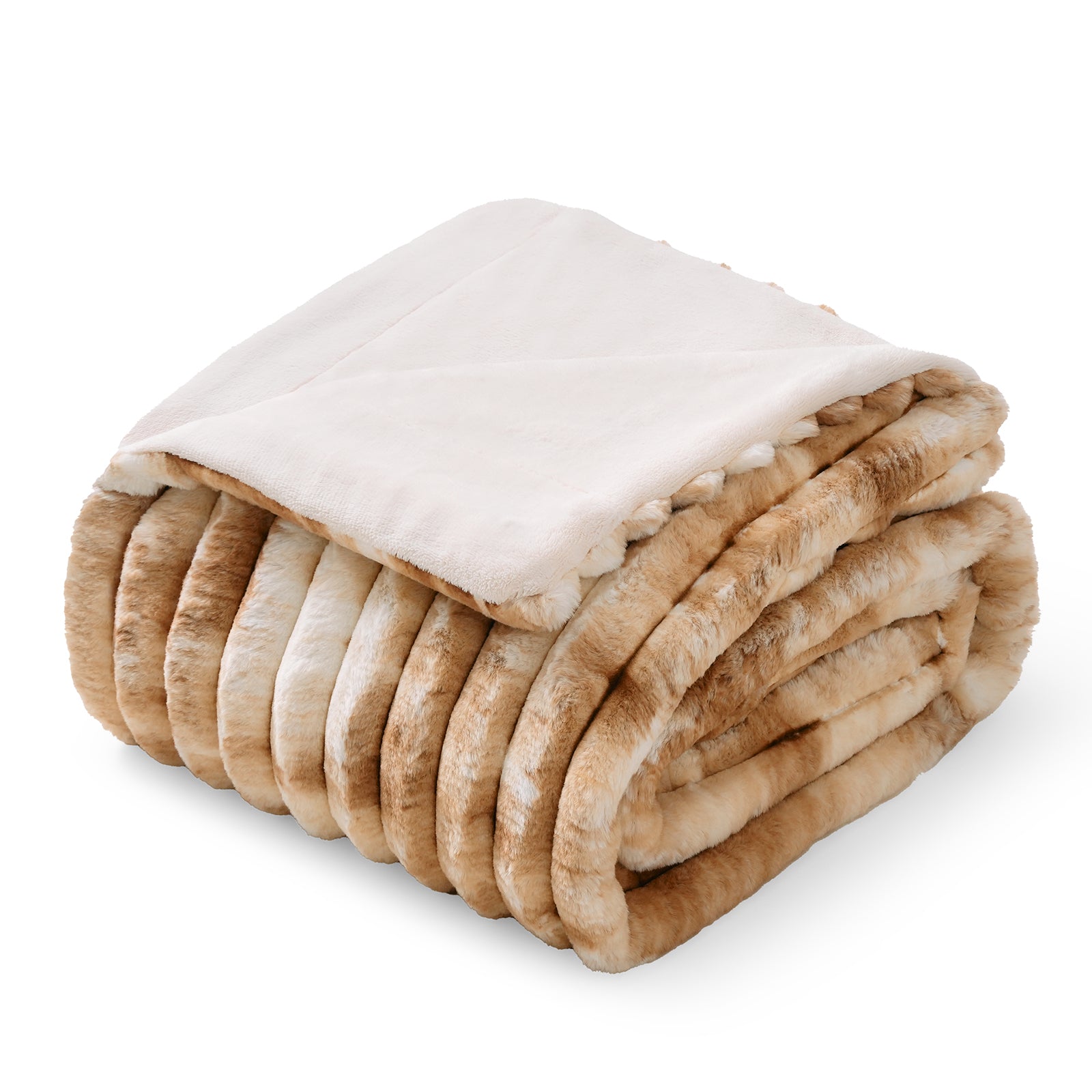 Snuggle Sac striped faux fur throw blanket in Tie-dye Khaki folded front view #color_Tie-dye Khaki