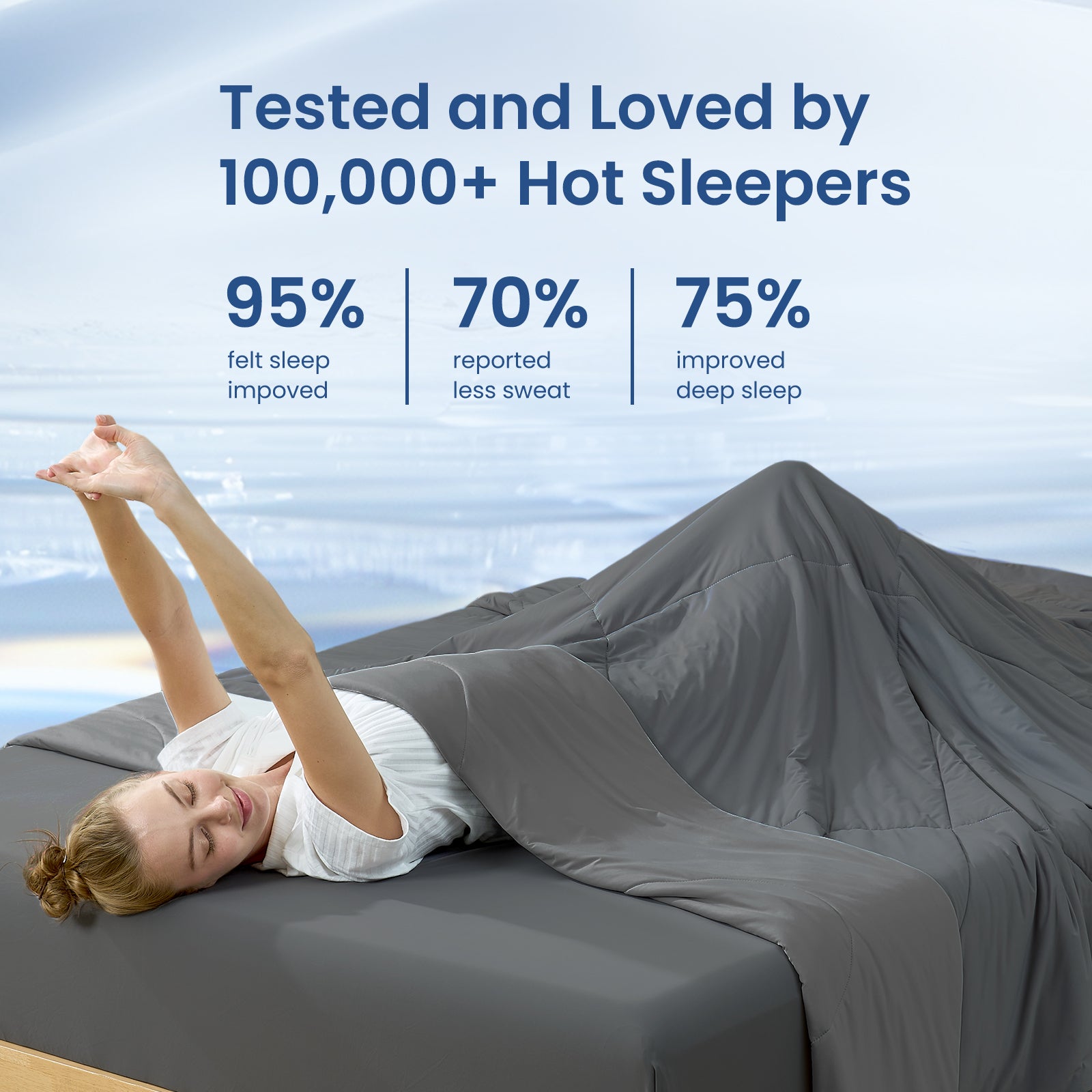 Woman waking up refreshed under Snuggle Sac cooling blanket, better sleep for hot sleepers.#Color_Charcoal Grey