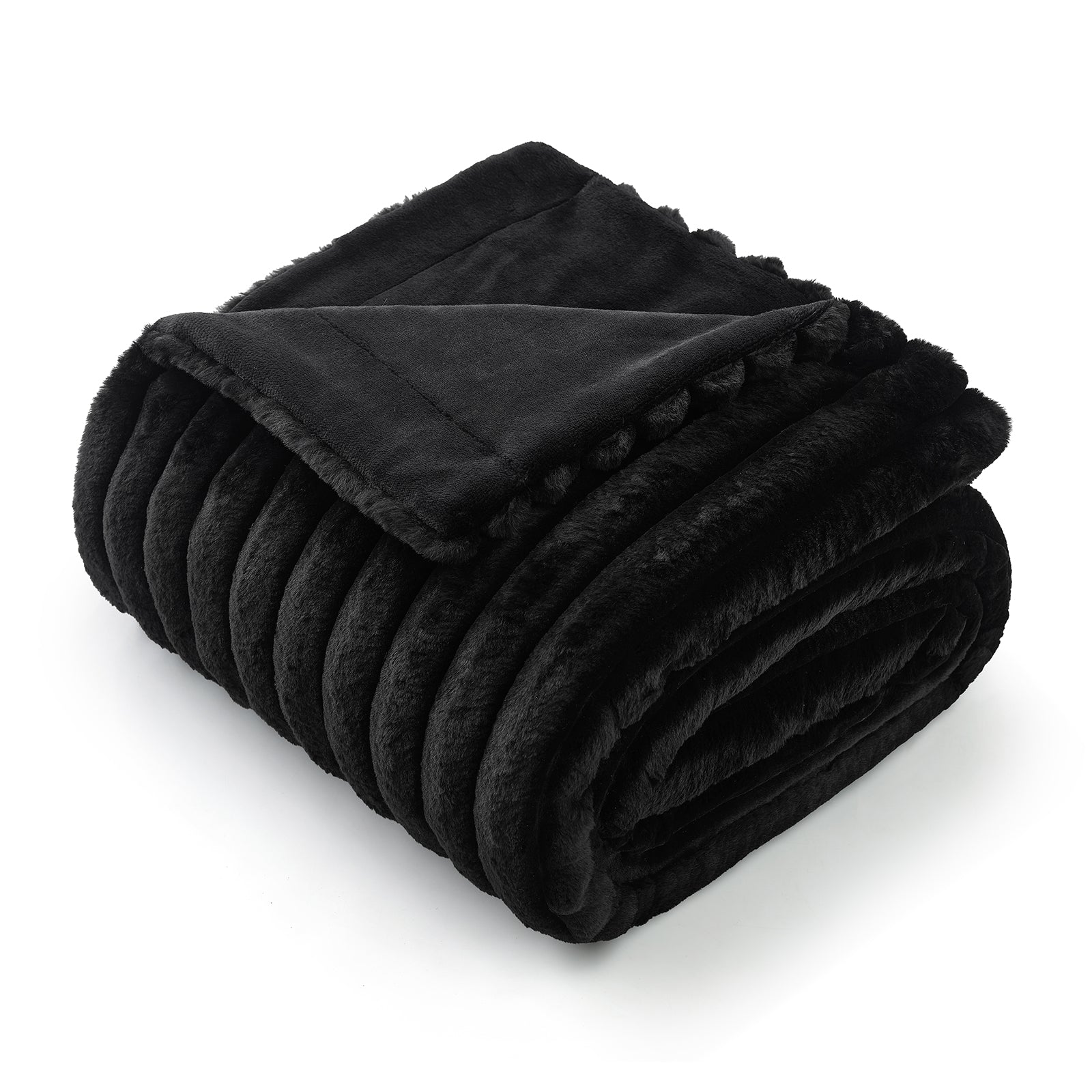 Snuggle Sac striped faux fur throw blanket in Black folded front view #color_Black