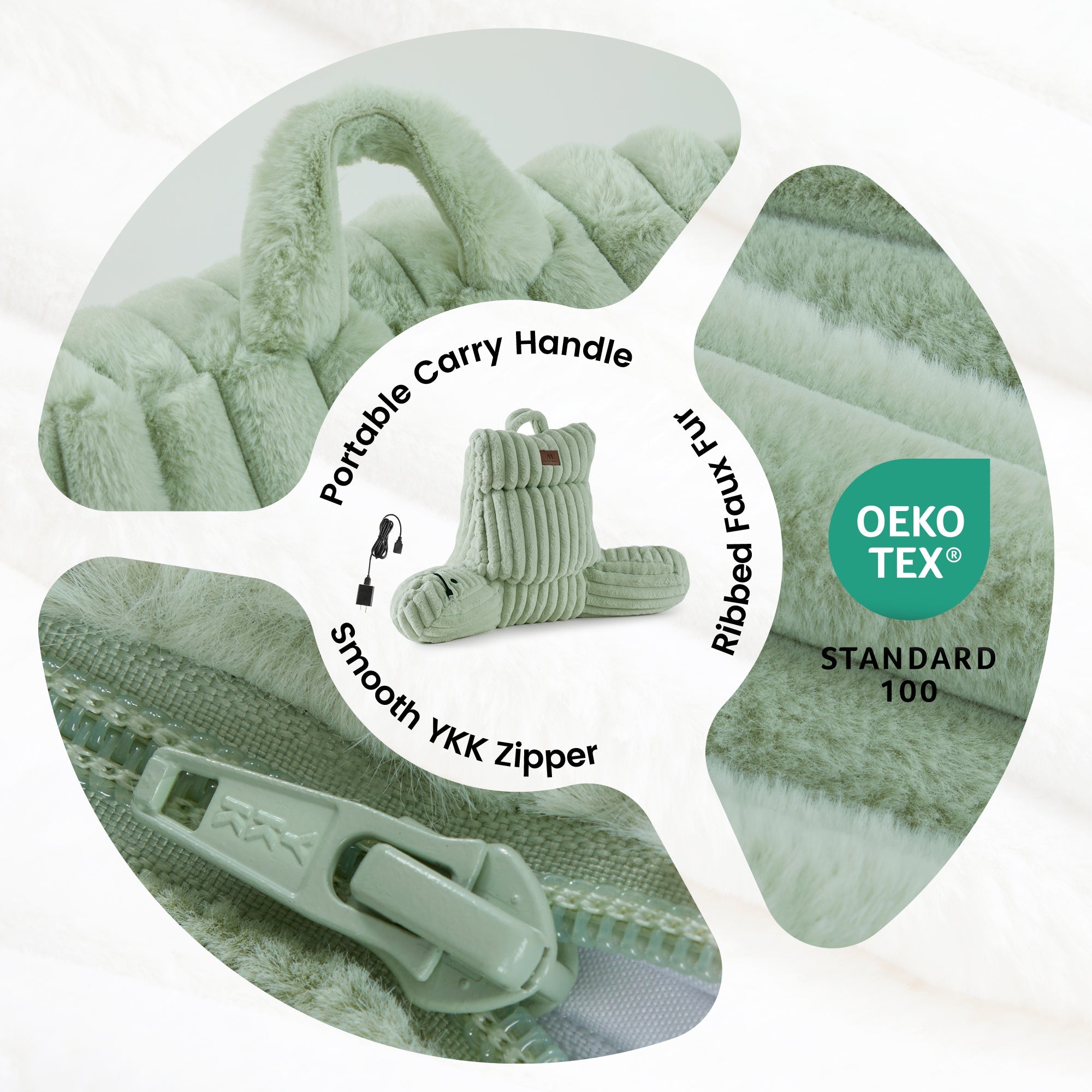 Close up of  Snuggle Sac Heated Faux Fur Backrest Reading Pillow in sage green featuring the features including OEKO-TEX Certificate#color_Sage Green