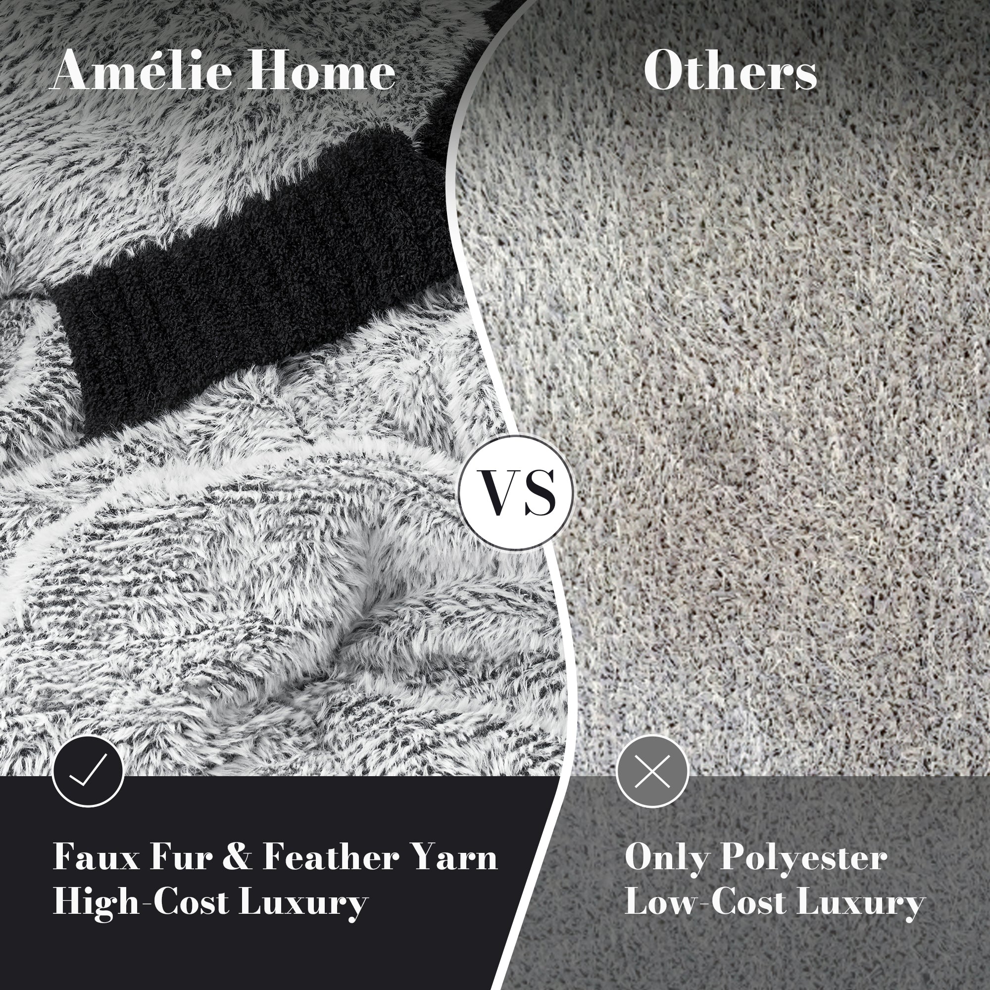 Ultrasoft faux fur knit throw blanket in Black compared with standard polyester fabric, highlighting plush texture and luxury feel #color_Black