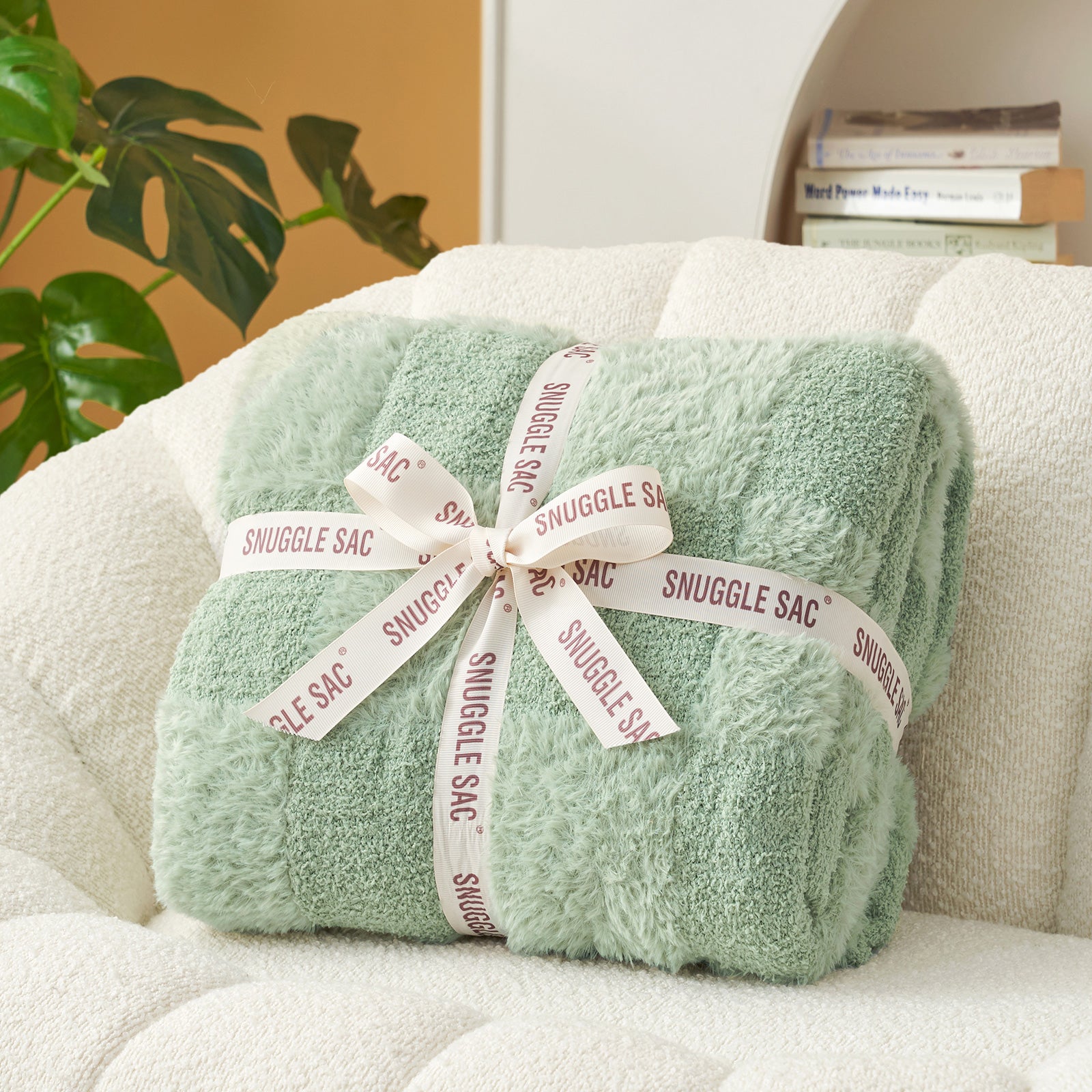 UltraCozy Solid Checkered Feather Yarn Knit Throw Blanket  wrapped as a gift#Color_Sage Green