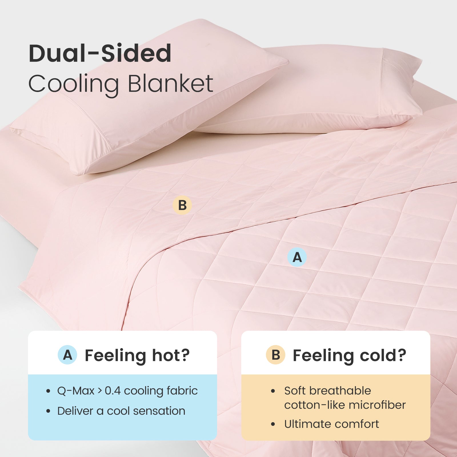 Snuggle Sac Pink dual-sided cooling blanket on a bed with text indicating different uses.#color_Pink