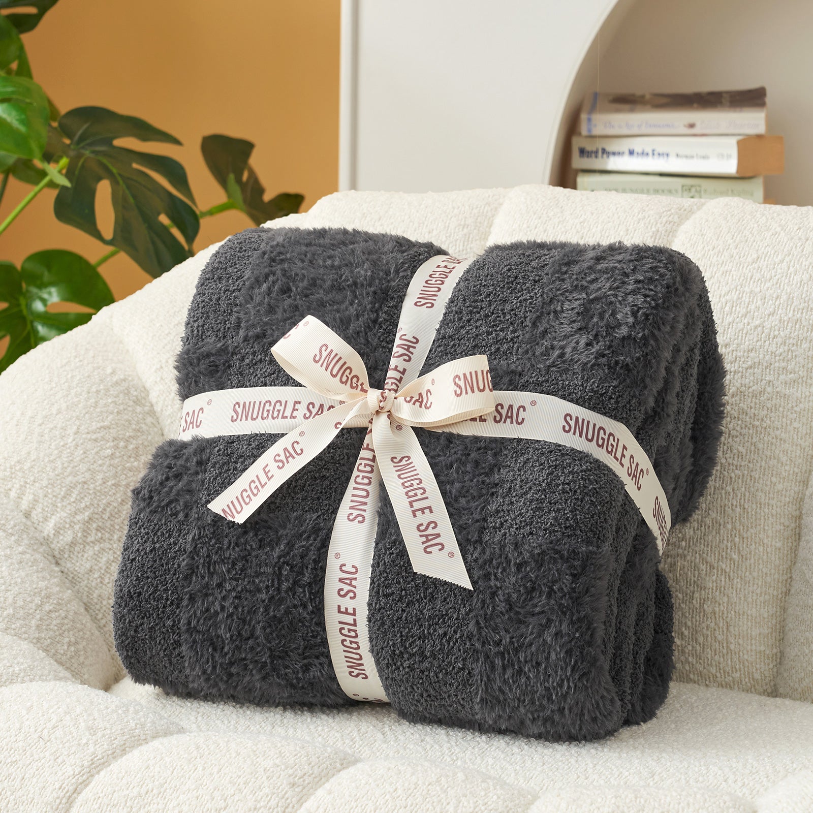 UltraCozy Solid Checkered Feather Yarn Knit Throw Blanket wrapped as gift#Color_Solid Dark Grey