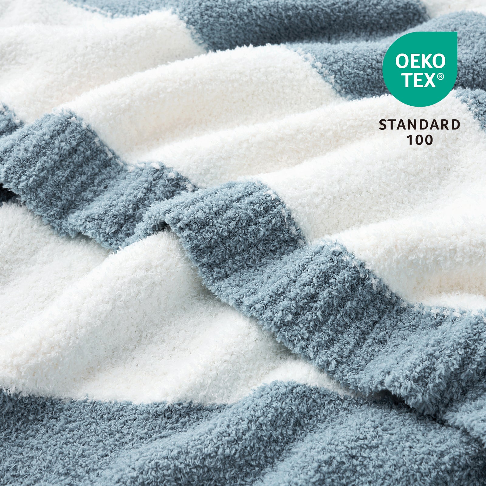Close up of Snuggle Sacs Reversible Blue Striped Feather Yarn Knit Throw Blanket with OEKO-TEX Certificate#color_Blue