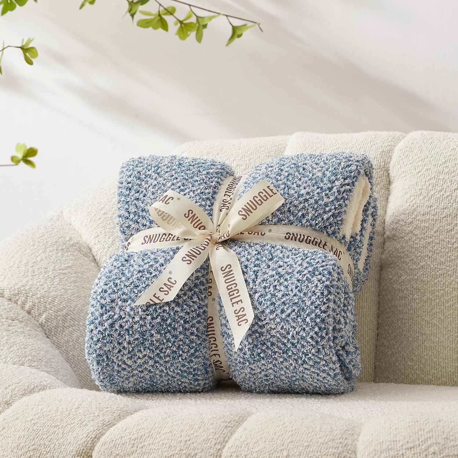 Snuggle Sac Heather Feather Yarn Pale Blue Knit Throw Blanket wrapped as a perfect gift for people#Color_Pale Blue