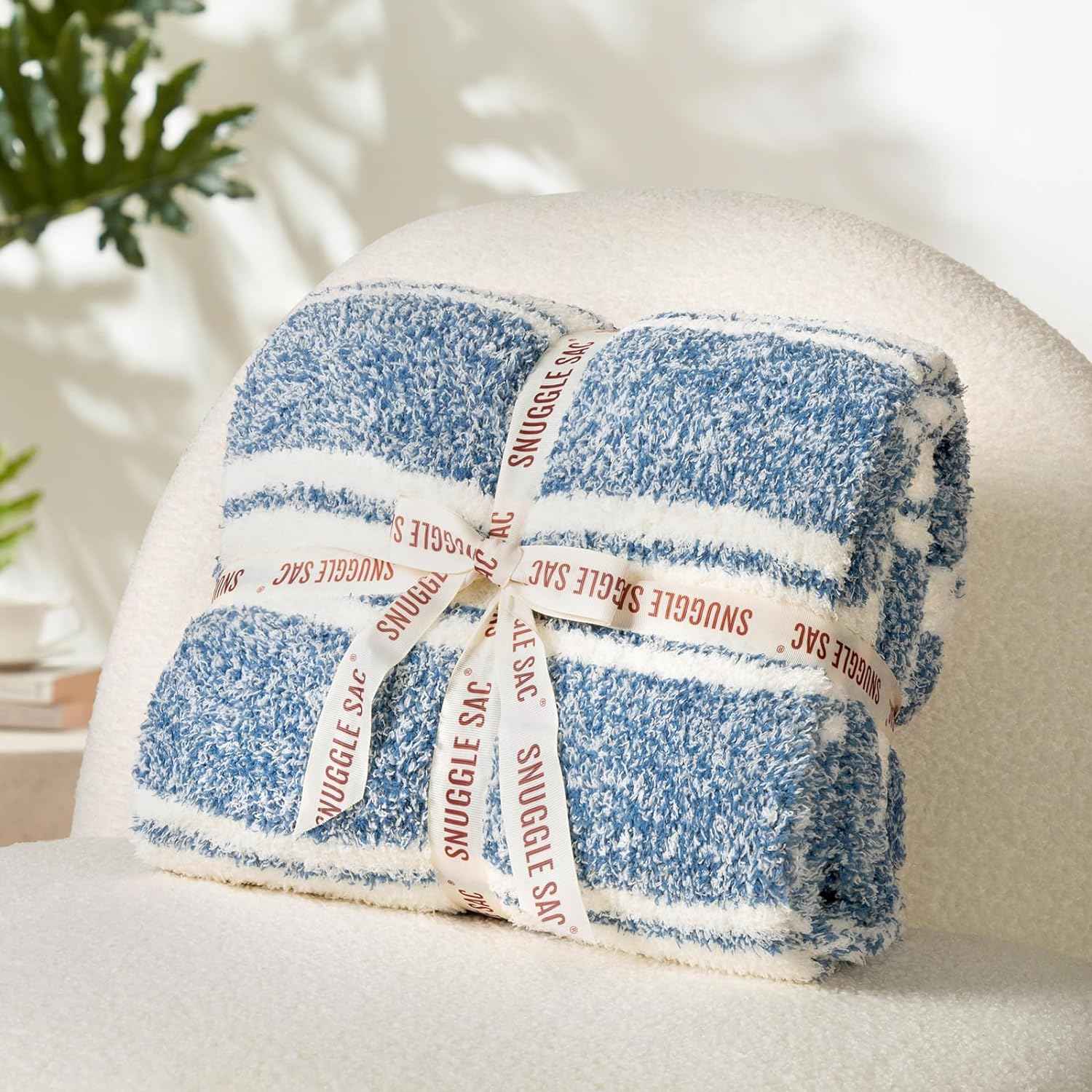 Striped Feather Yarn Knit Throw Blanket wrapped as a perfect gift #Color_Blue