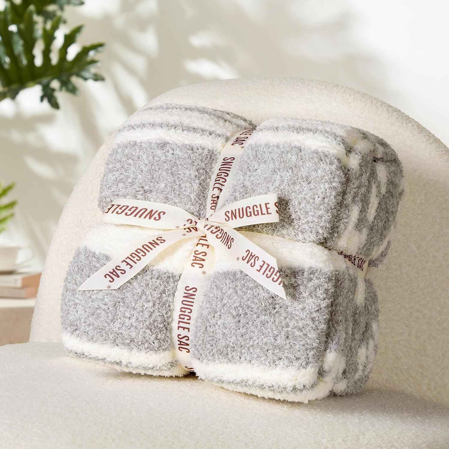 Striped Feather Yarn Knit Throw Blanket wrapped as a perfect gift #Color_Grey