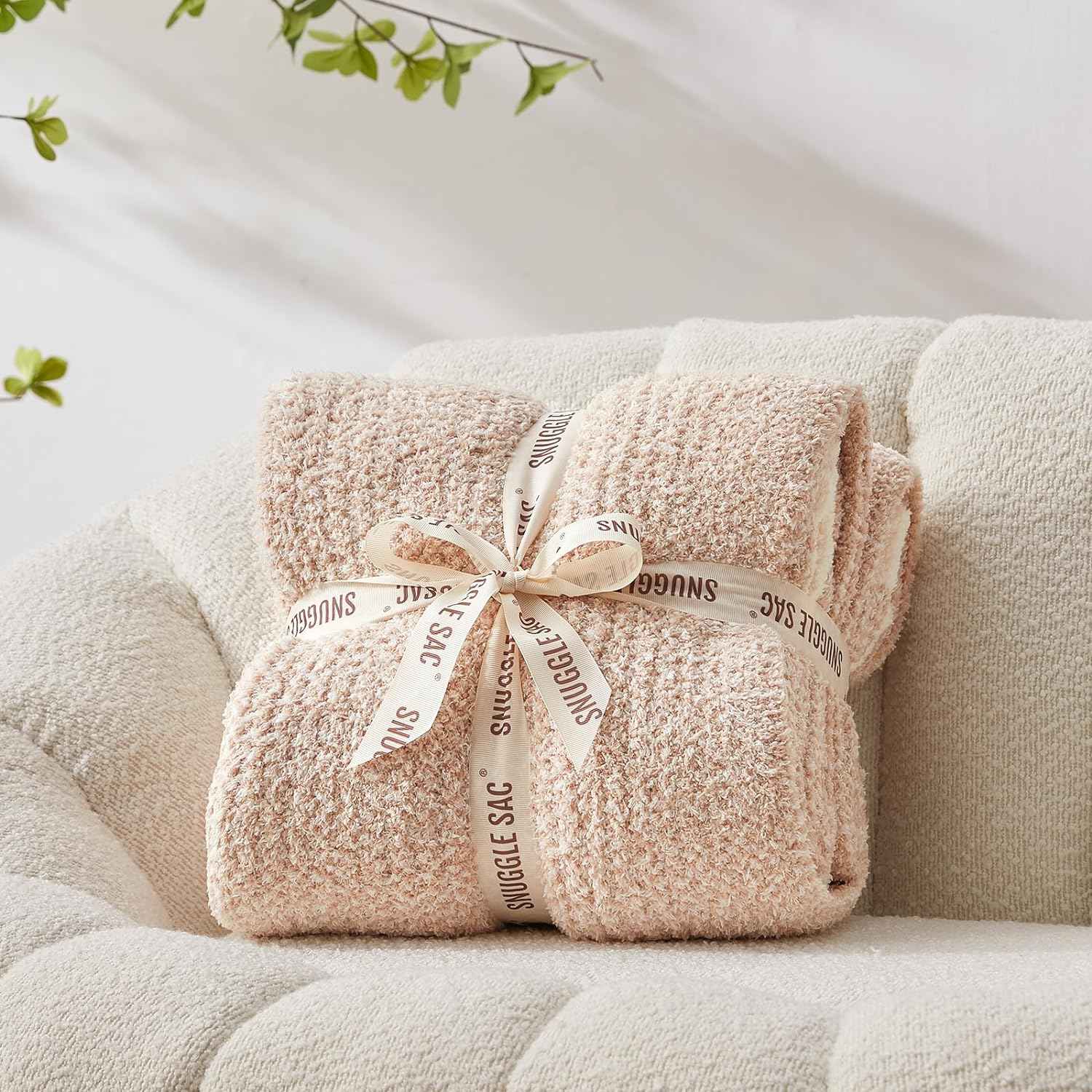 Snuggle Sac Heather Feather Yarn Cream/Beige Knit Throw Blanket wrapped as a perfect gift for people#color_Cream/Beige