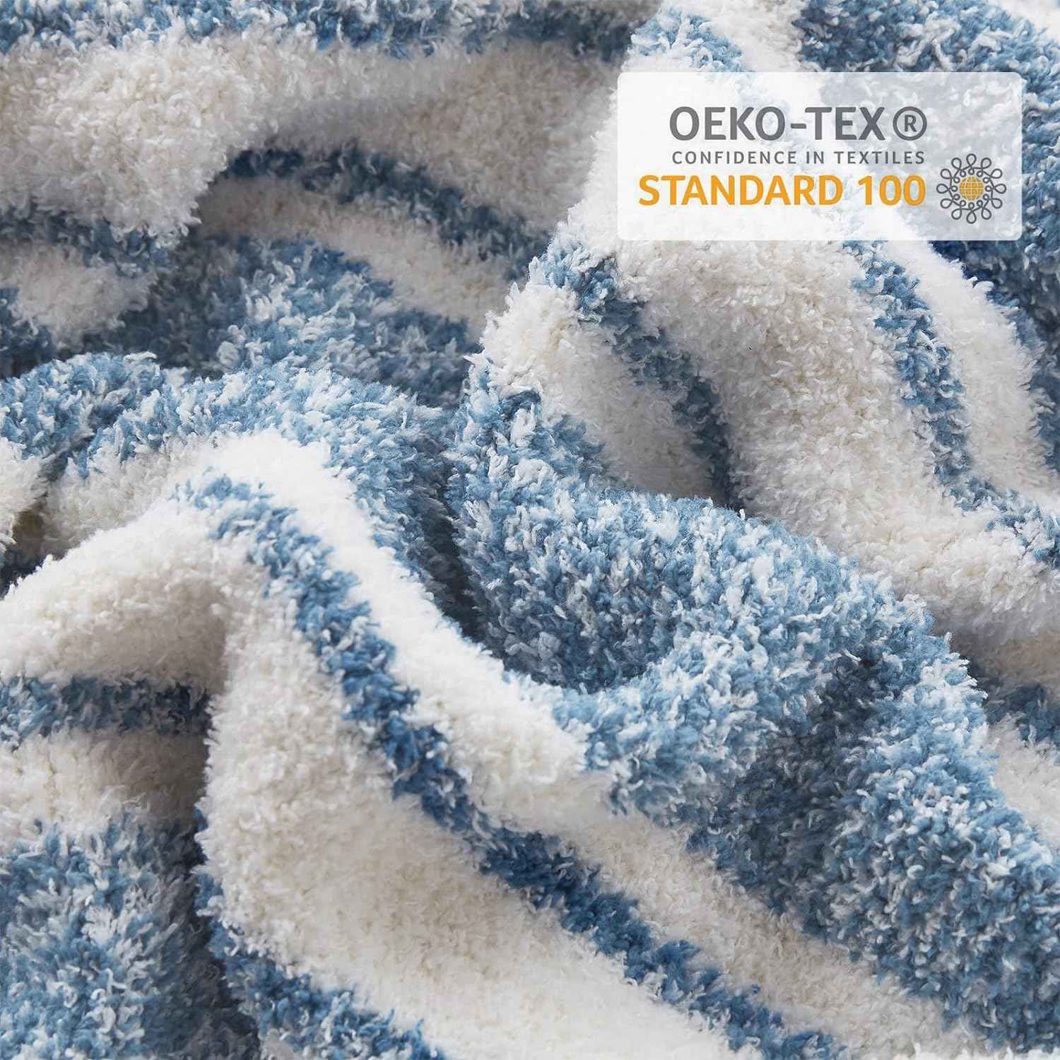 Close up of Striped Feather Yarn Knit Throw Blanket showing OEKO-TEX Certificate#Color_Blue