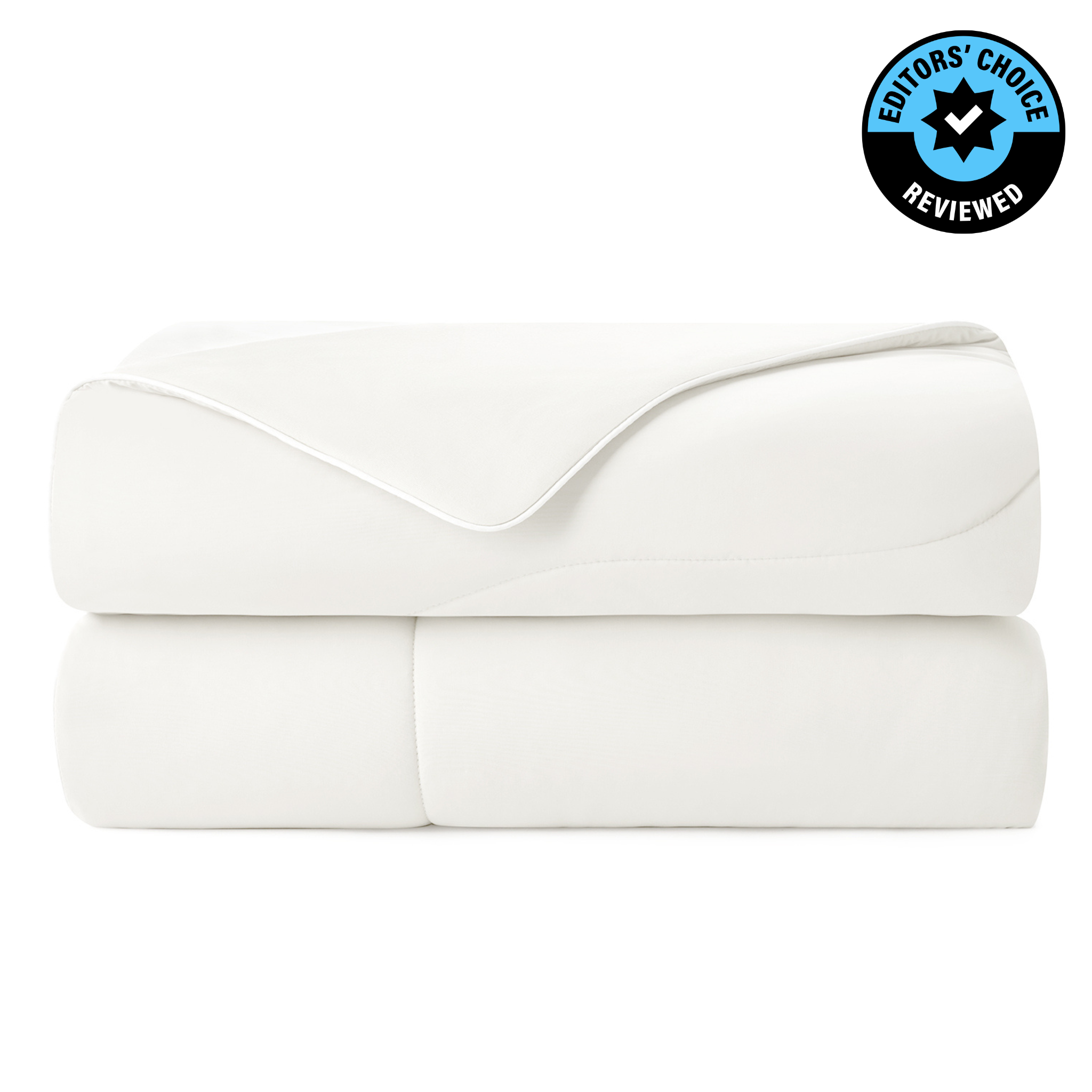 Folded view of Snuggle Sac white blanket with 'Editors' Choice' badge on a white background#color_Cream White
