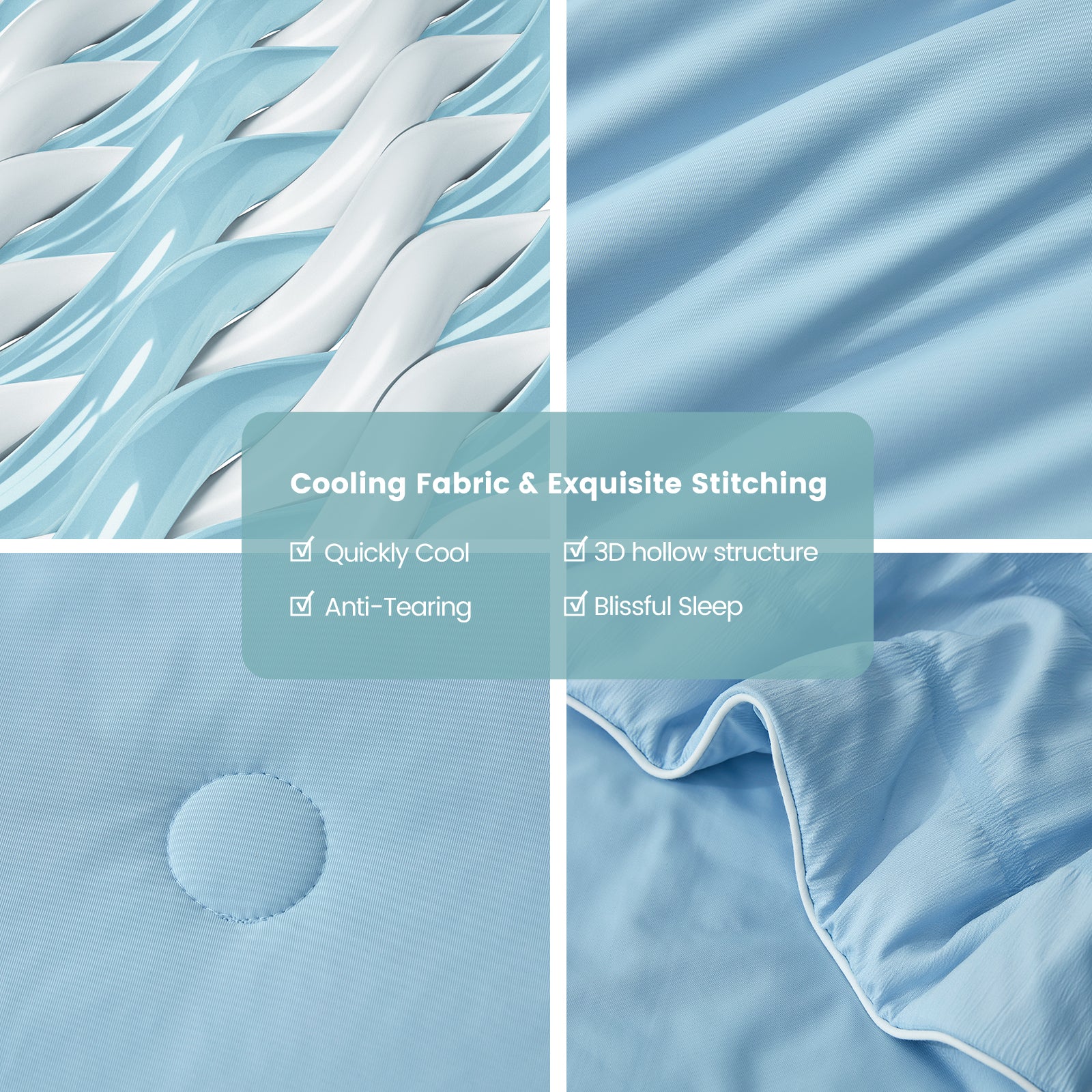 Close up of Snuggle Sac blue cooling fabric and stitching #color_Blue