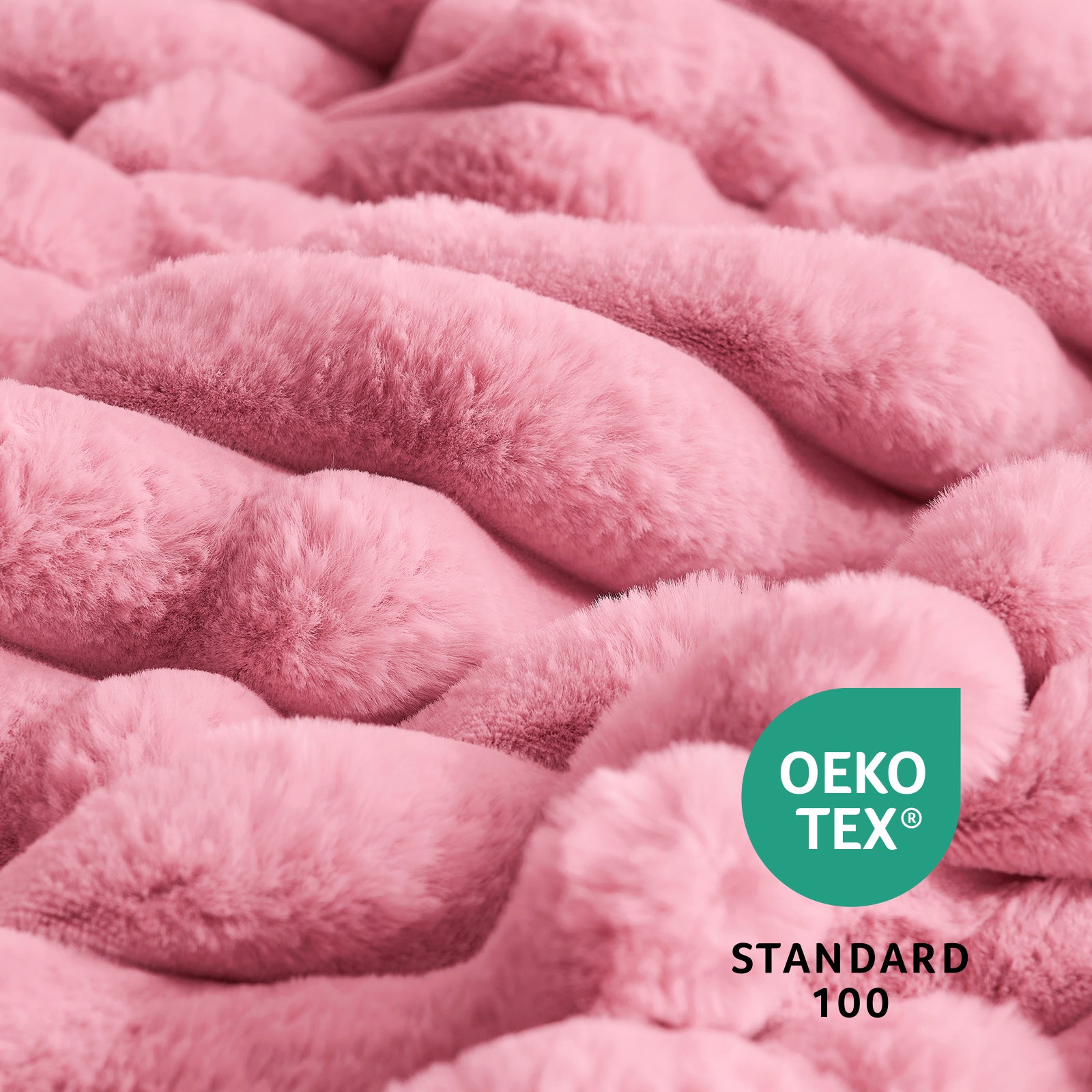 Close up of striped faux fur throw blanket in Pink, showcasing plush texture and OEKO TEX STANDARD 100 certification #color_Pink