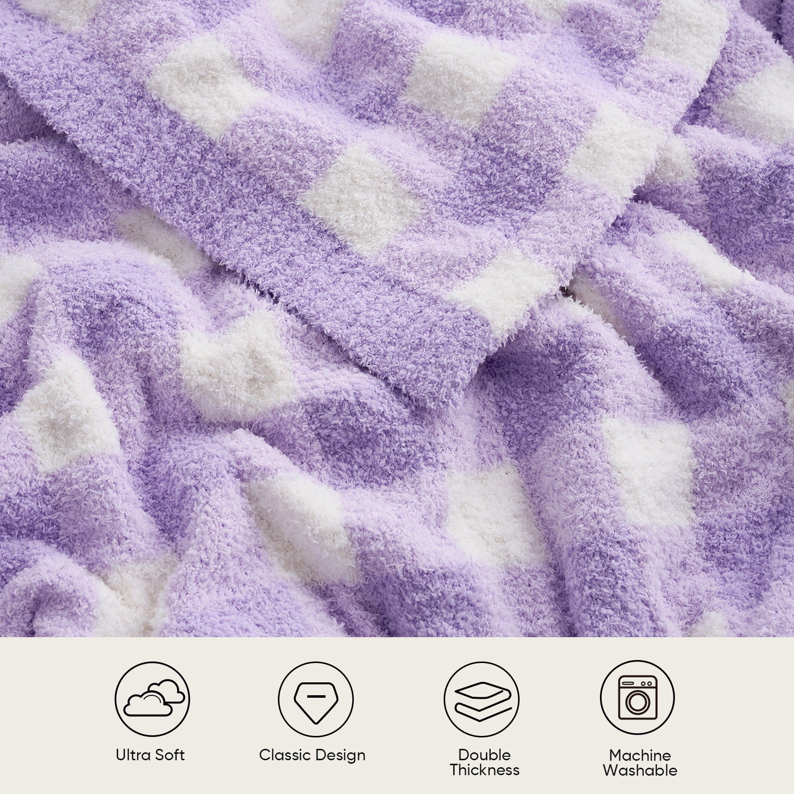 Close up of Plaid Knit Feather Yarn Knit Throw Blanket, featuring 'Ultra Soft, Classic Design, Double Thickness and Machine Washable' #color_Purple