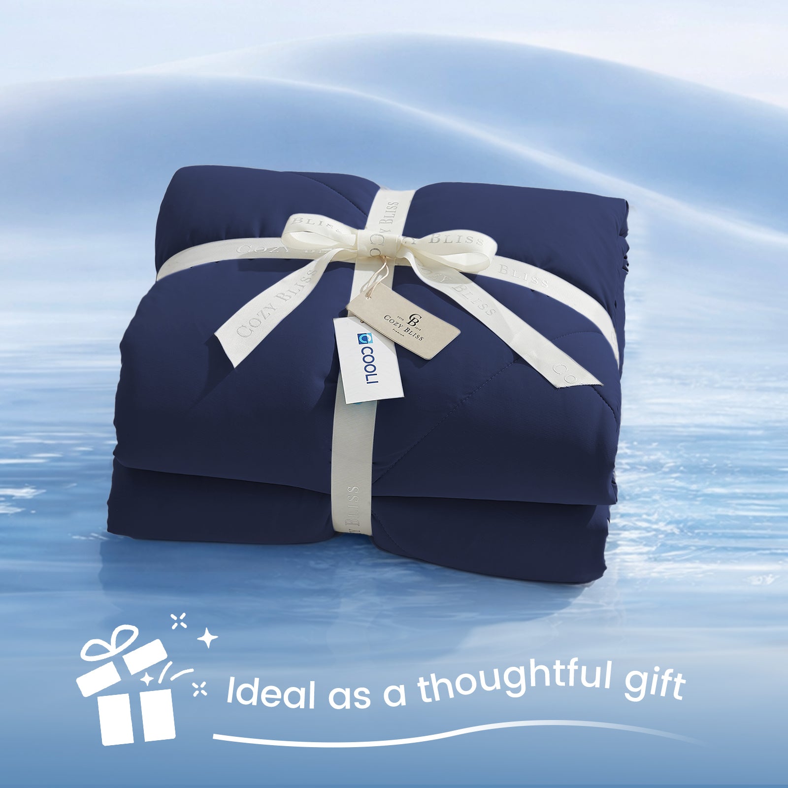 Snuggle Sac Cloud-Like Extra Cooling Comforter in dark blue wrapped as a gift, perfect cozy and stylish present.#Color_Dark Blue