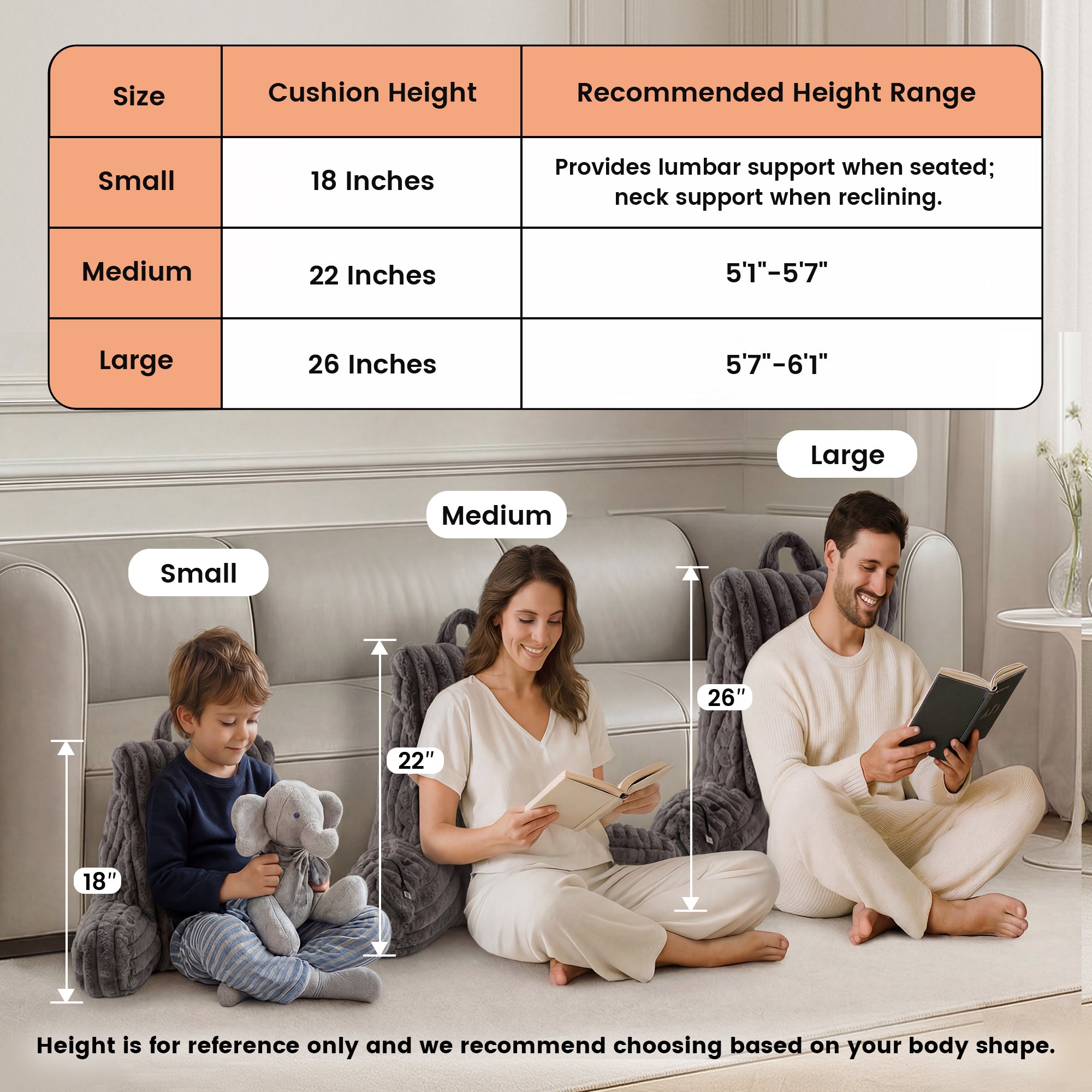 3 people laying on the Snuggle Sac Heated Faux Fur Backrest Reading Pillow in grey showing the recommended height range based on the 3 sizes#color_Grey