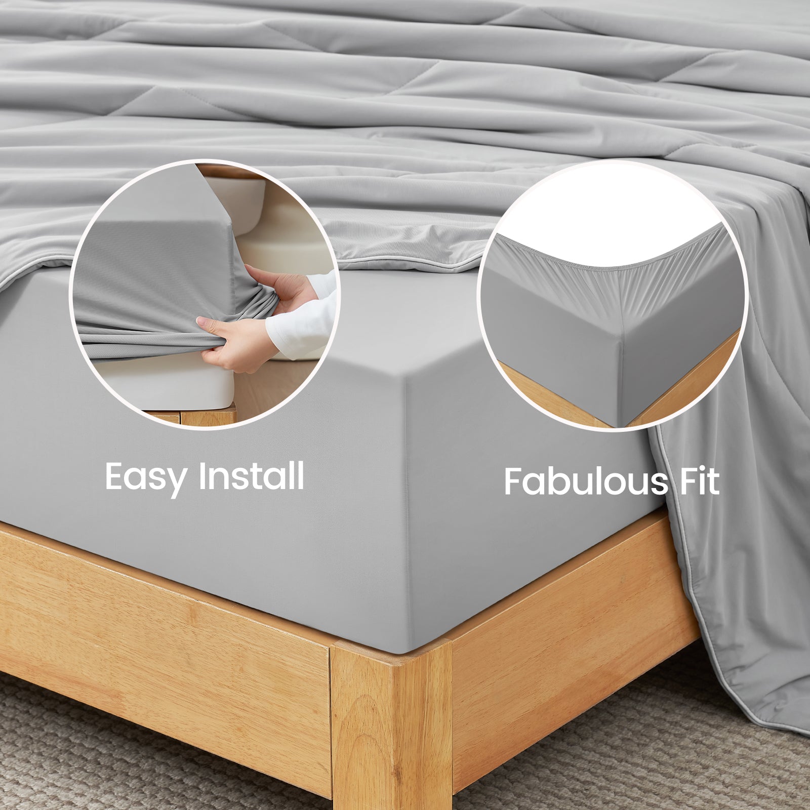 Fitted sheet being installed on a bed with text 'Easy Install' and 'Fabulous Fit'.#color_Light Grey