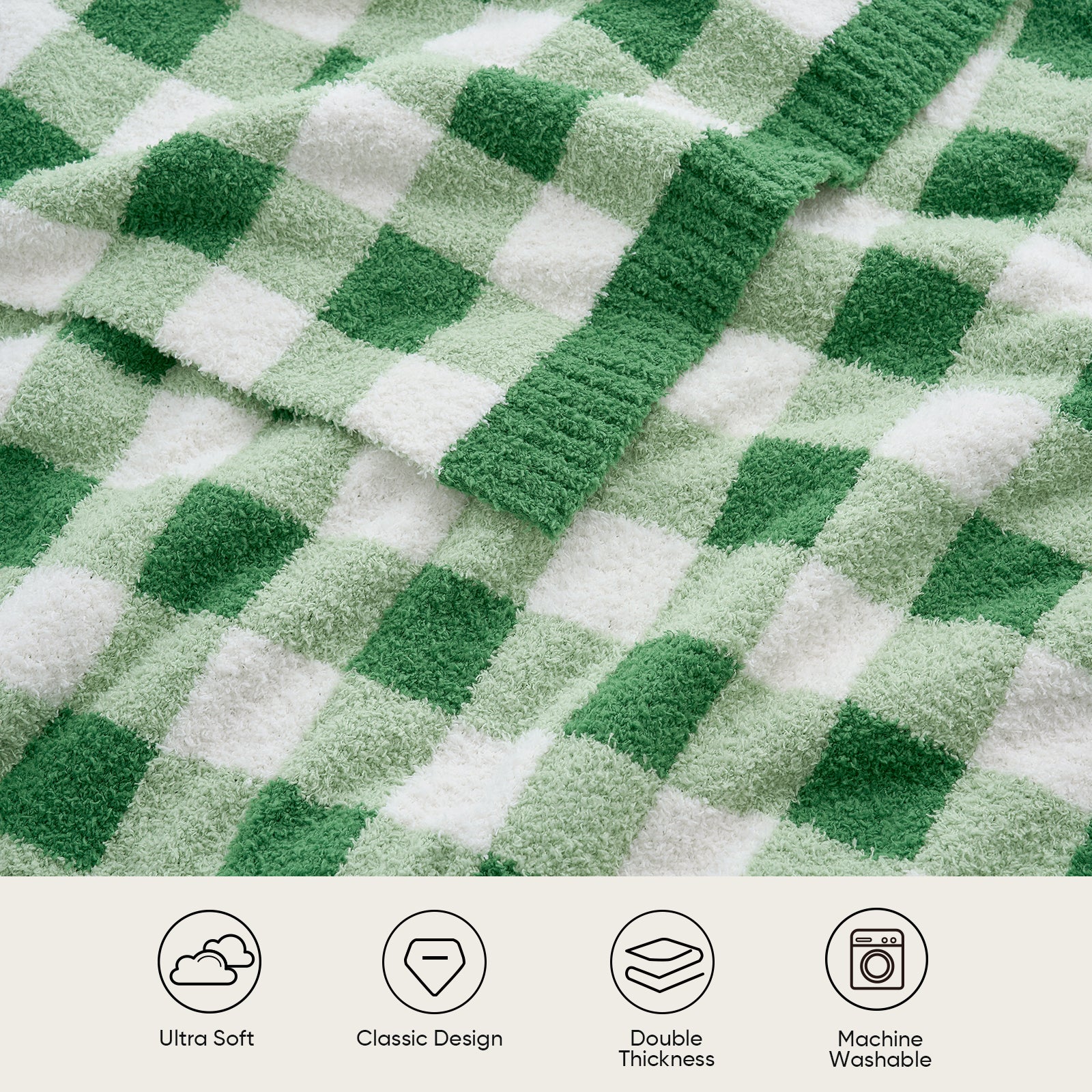 Close up of Plaid Knit Feather Yarn Knit Throw Blanket, featuring 'Ultra Soft, Classic Design, Double Thickness and Machine Washable' #color_Green