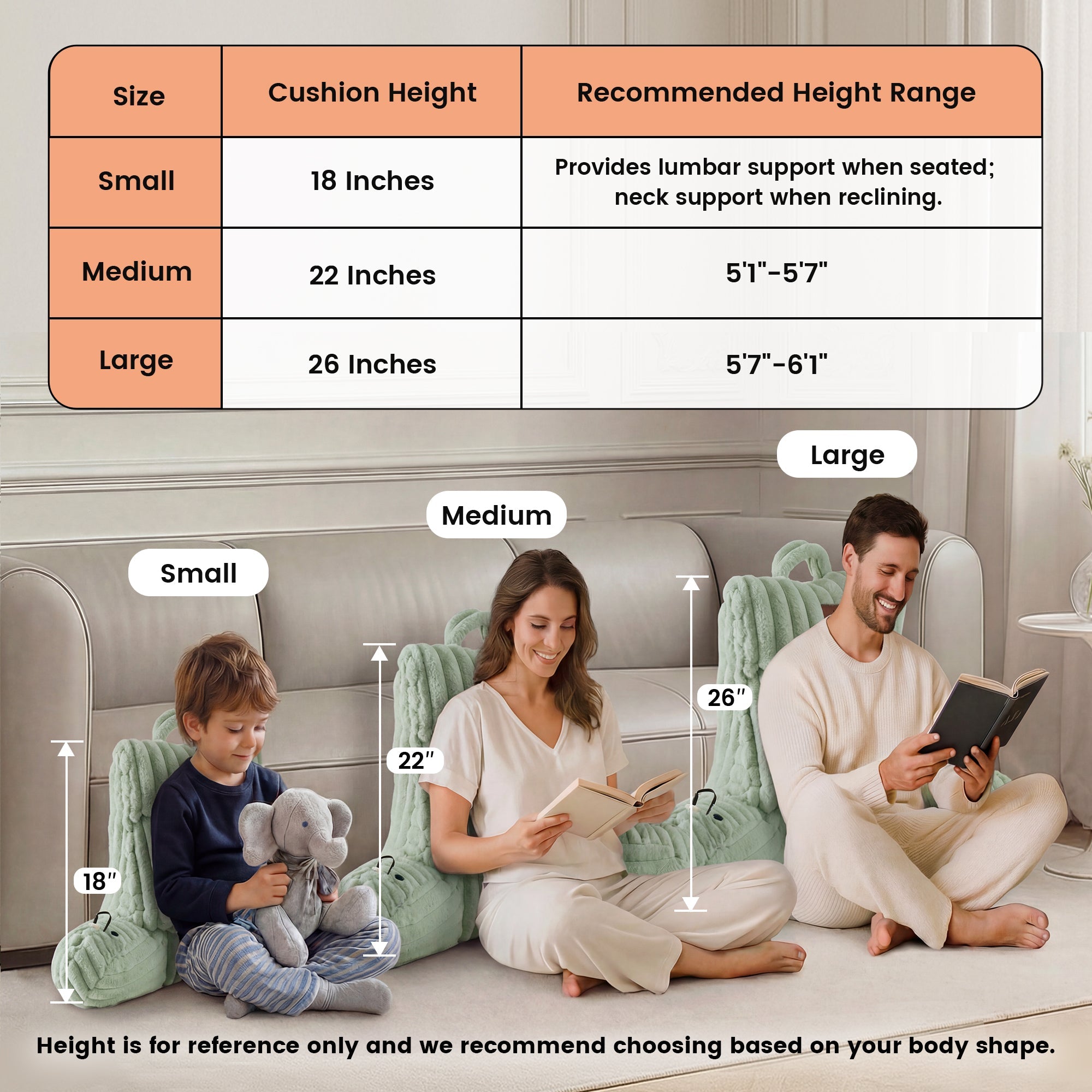3 people laying on the Snuggle Sac Heated Faux Fur Backrest Reading Pillow in sage green showing the recommended height range based on the 3 sizes#color_Sage Green