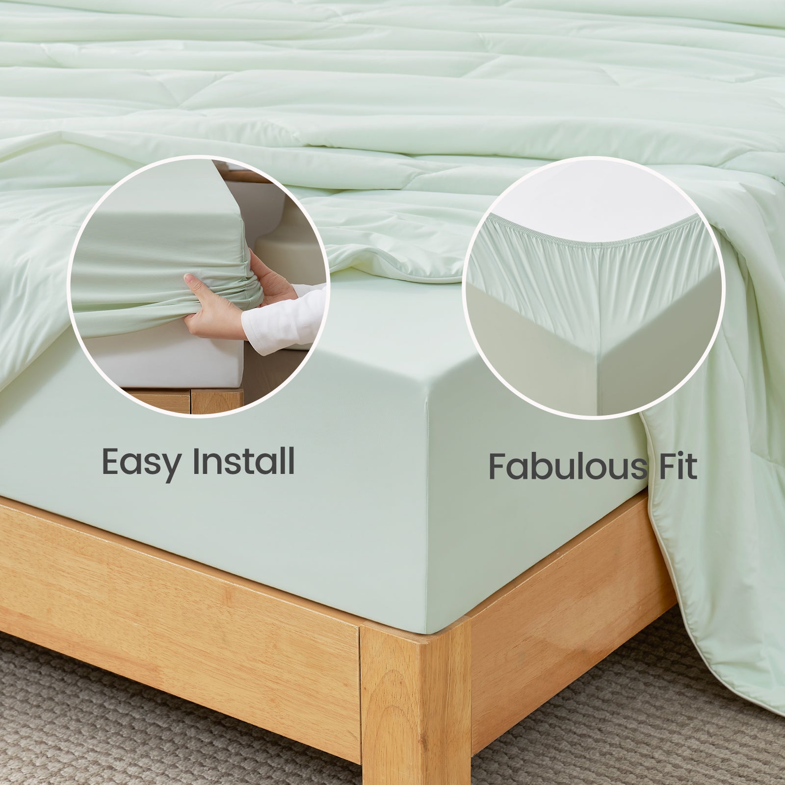 Fitted sheet being installed on a bed with text 'Easy Install' and 'Fabulous Fit'.#color_Mint Green