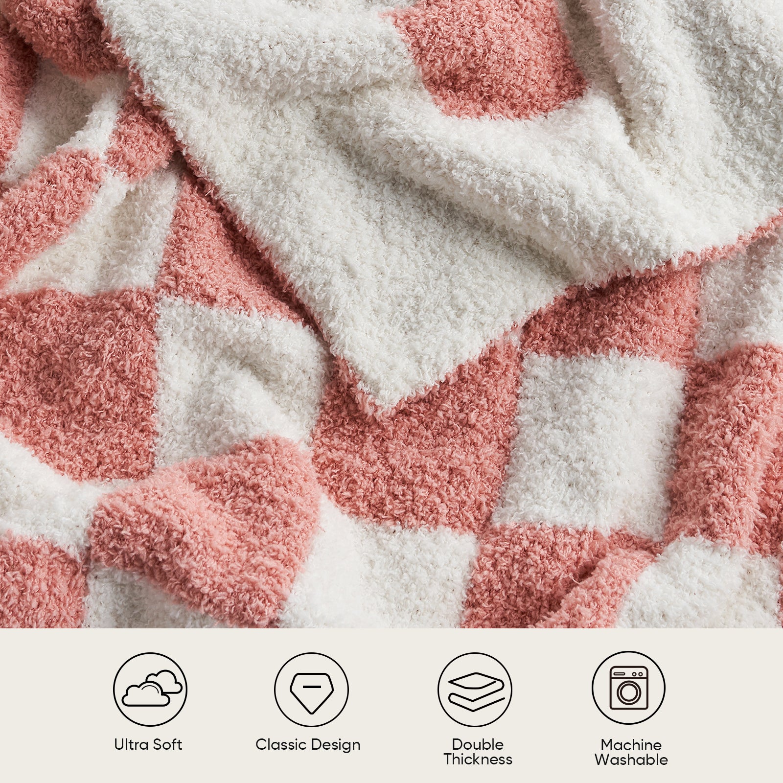 Close up of Checkered Feather Yarn Knit Throw Blanket, featuring 'Ultra soft, Classisc Design, Double Thickness, Machine Washable' #color_Checkered Pink