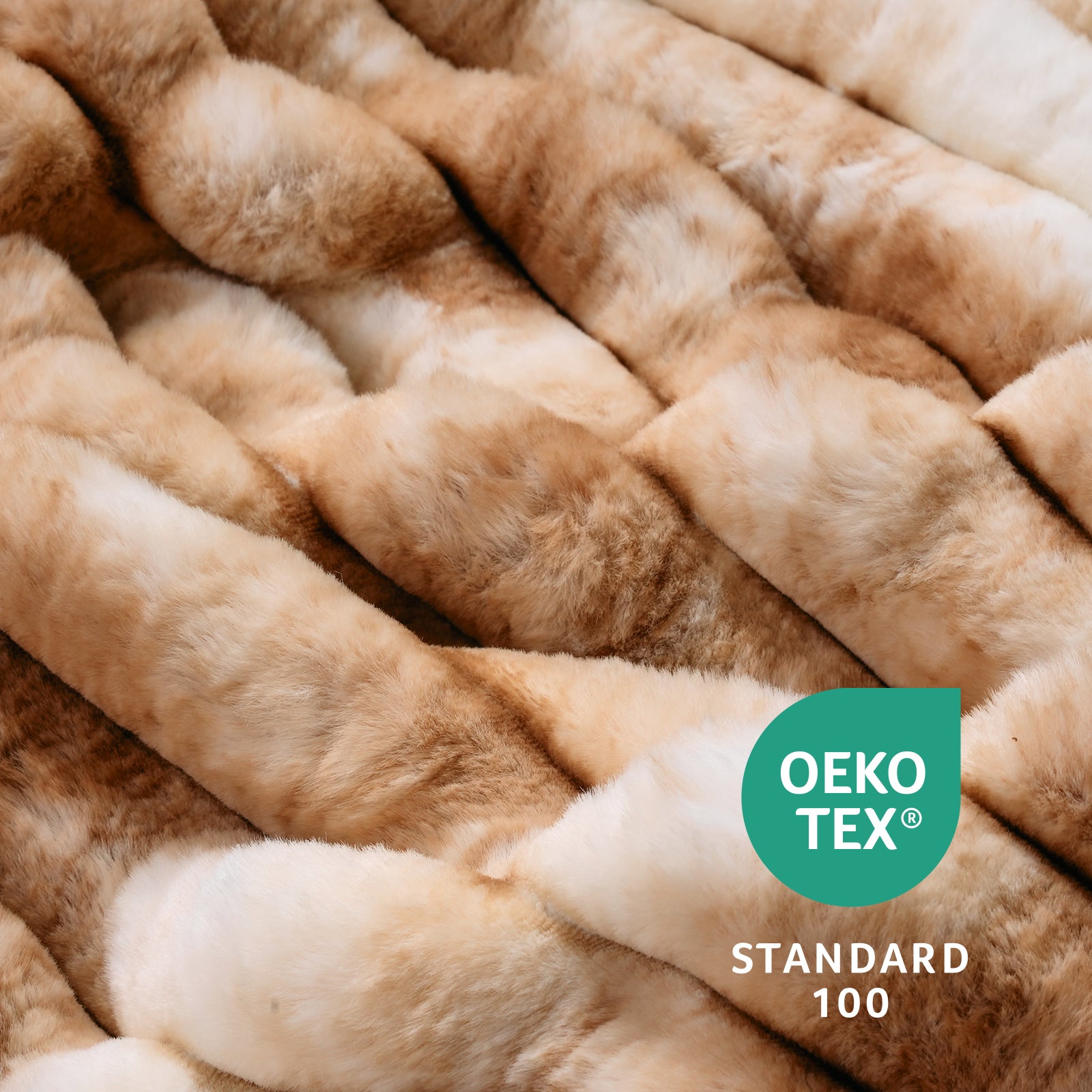 Close up of striped faux fur throw blanket in Tie-dye Khaki, showcasing plush texture and OEKO TEX STANDARD 100 certification #color_Tie-dye Khaki