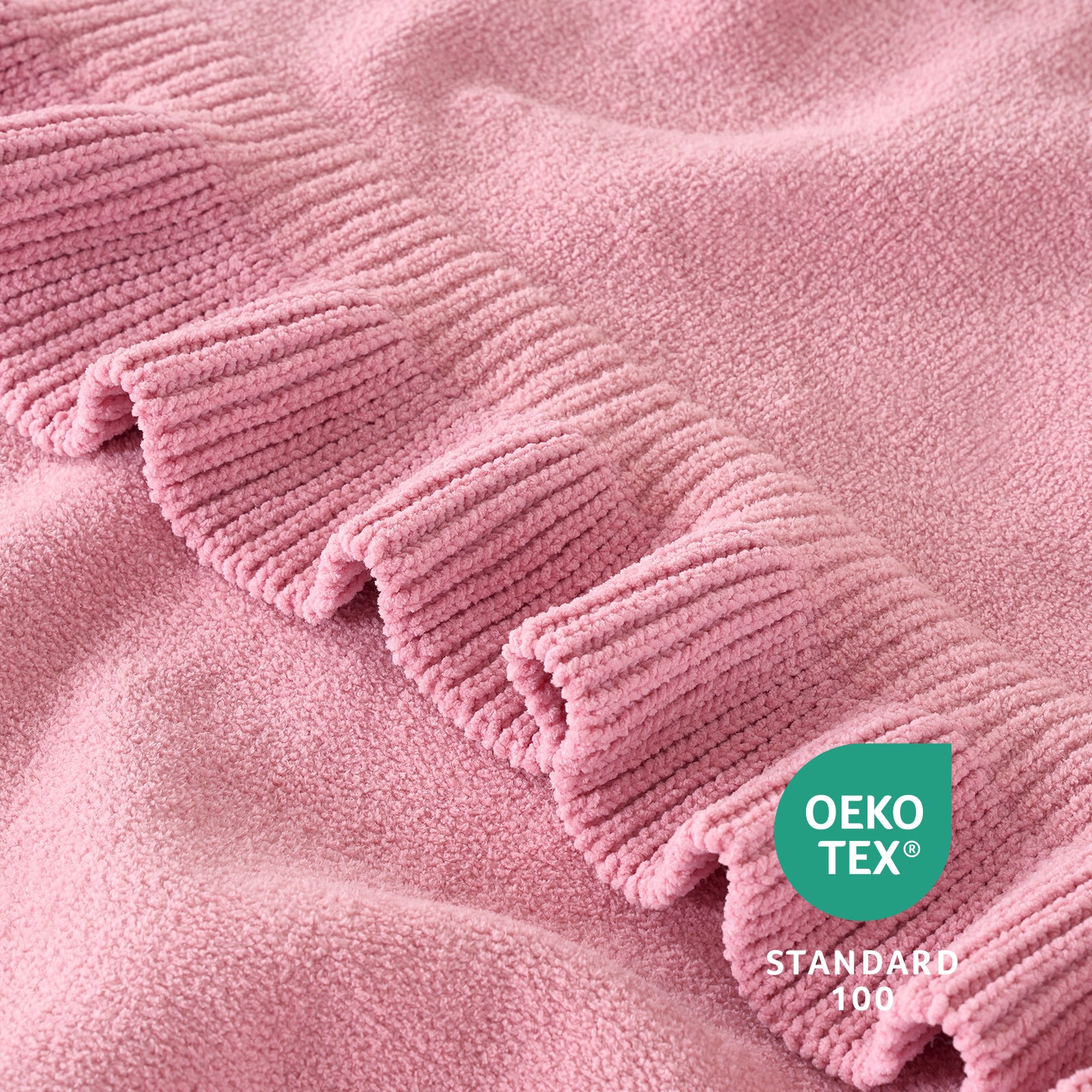 Close up of ruffle chenille knit throw blanket in Pink, showcasing soft texture and OEKO TEX STANDARD 100 certification #color_Pink