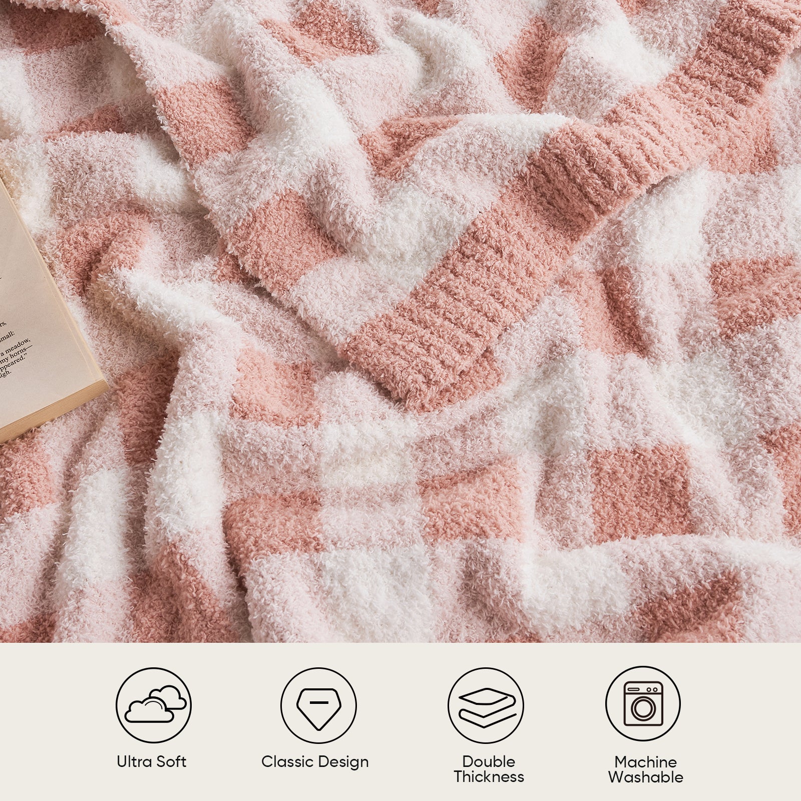 Close up of Plaid Knit Feather Yarn Knit Throw Blanket, featuring 'Ultra Soft, Classic Design, Double Thickness and Machine Washable'#color_Plaid Pink