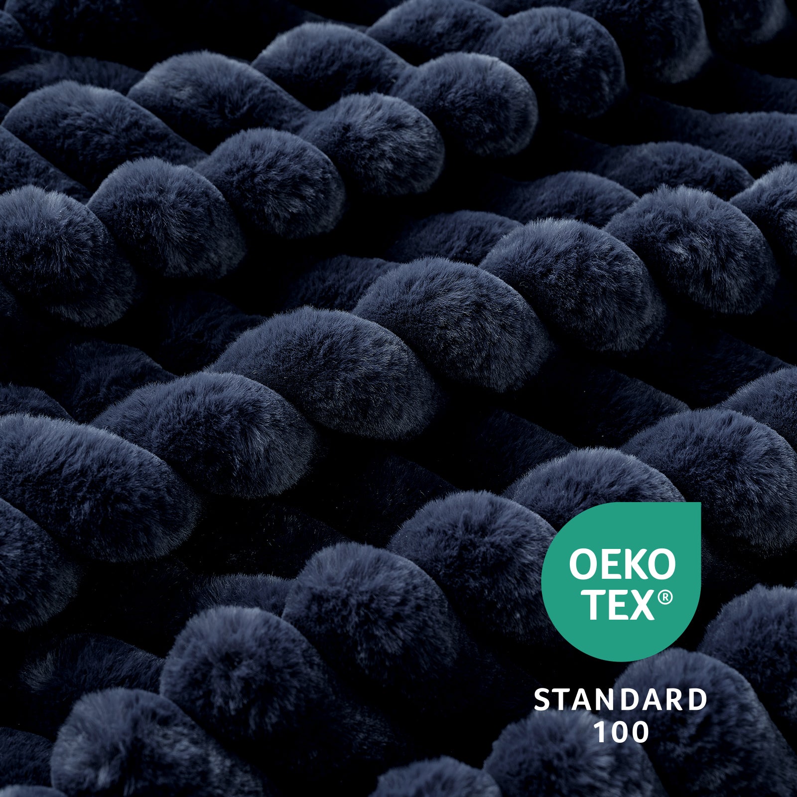 Close up of striped faux fur throw blanket in Navy Blue, showcasing plush texture and OEKO TEX STANDARD 100 certification #color_Navy Blue