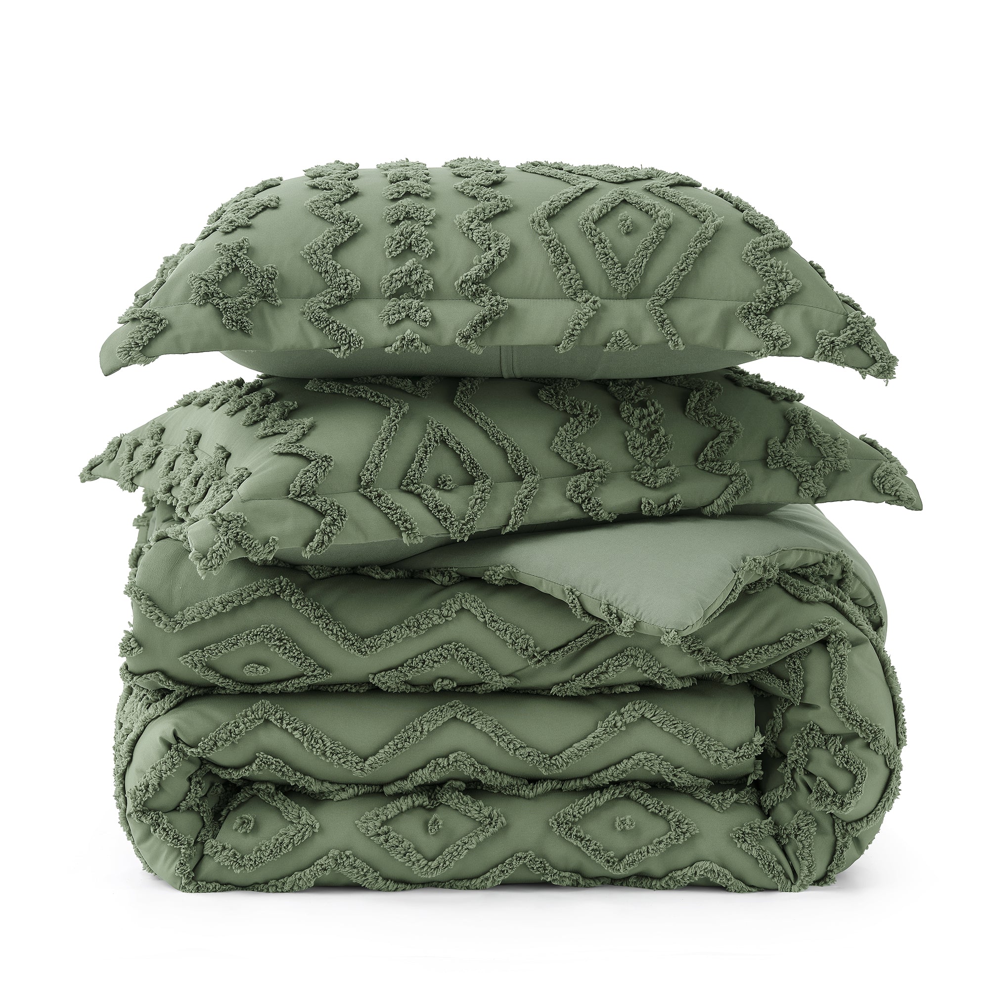 Folded All-Season Boho Deluxe Embroidery Comforter Set#color_Oliver Green