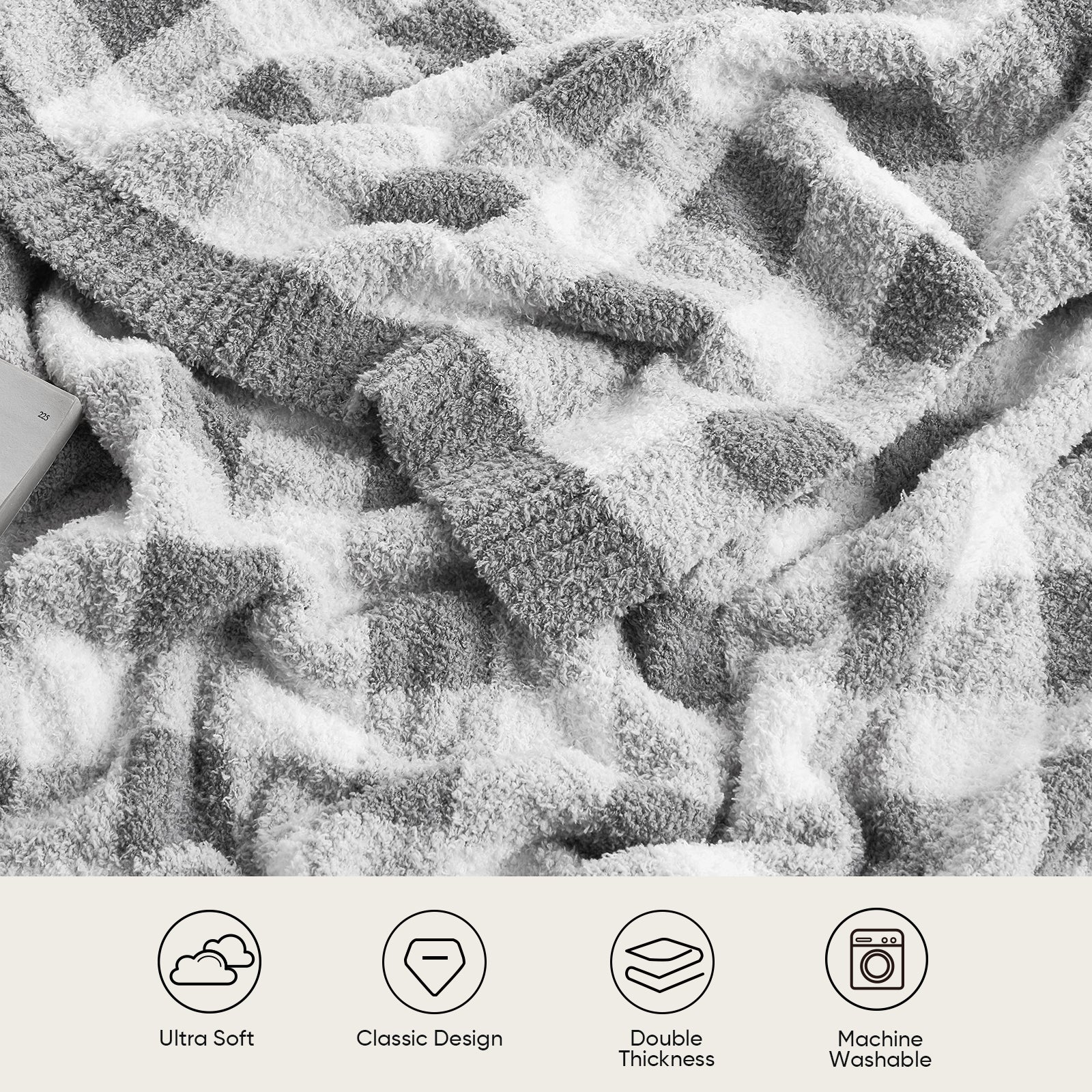 Close up of Plaid Knit Feather Yarn Knit Throw Blanket, featuring 'Ultra Soft, Classic Design, Double Thickness and Machine Washable'#color_Plaid Grey