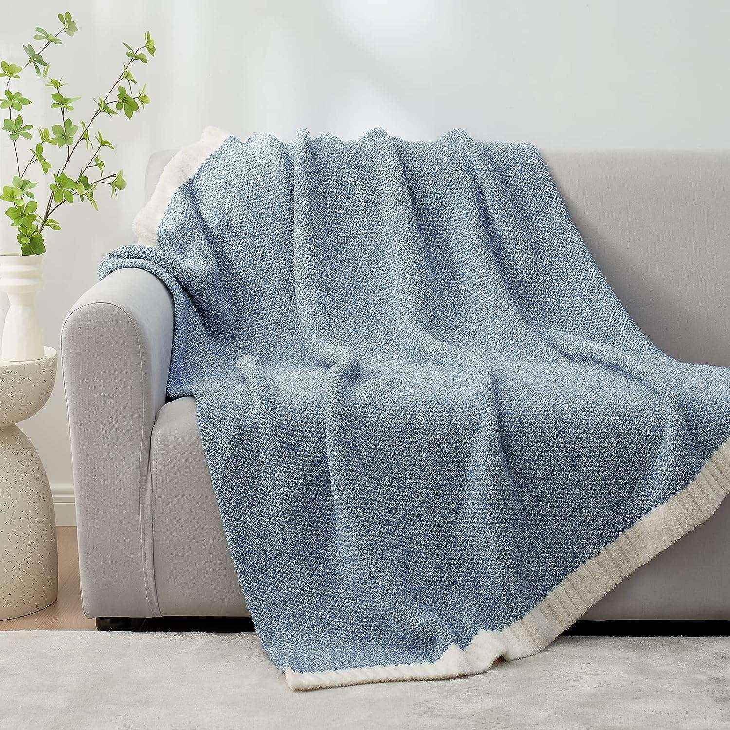 Snuggle Sac Heather Feather Yarn Pale Blue Knit Throw Blanket  on the couch#Color_Pale Blue