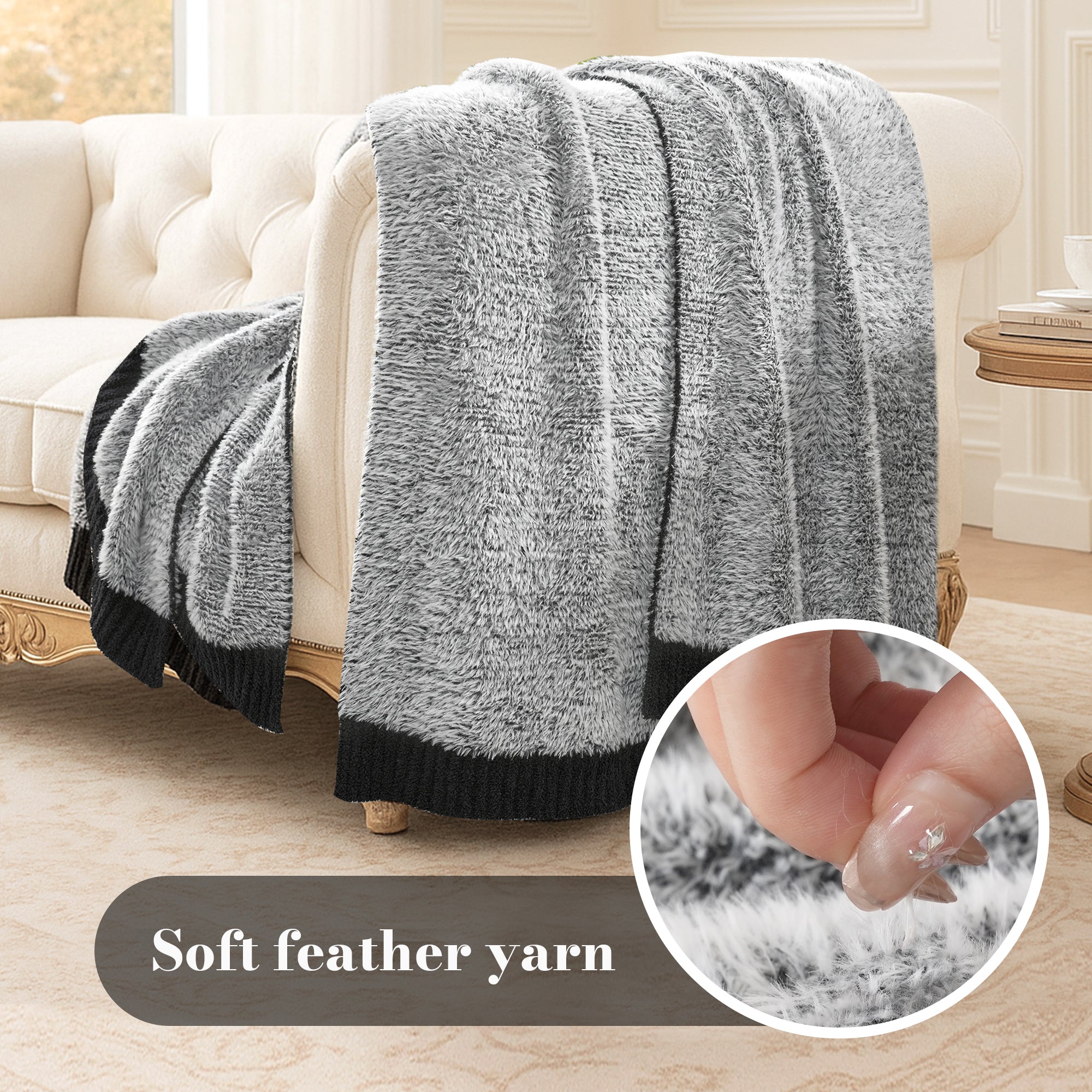 Ultrasoft faux fur knit throw blanket in Black displayed on sofa, highlighting soft feather yarn texture #color_Black