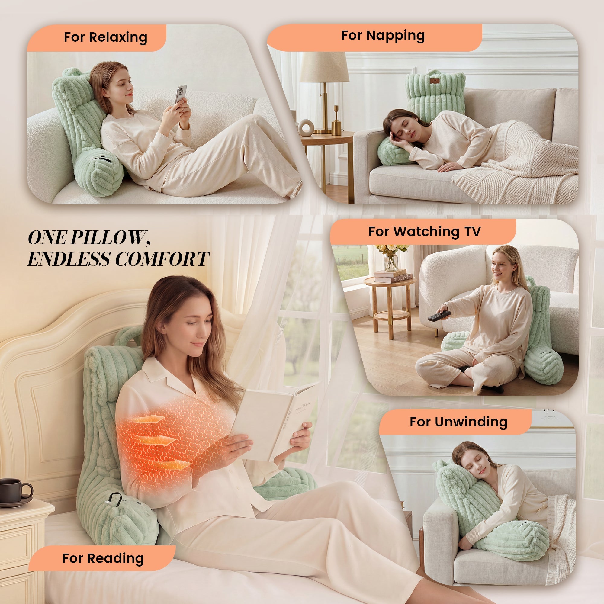 A woman laying on the Snuggle Sac Heated Faux Fur Backrest Reading Pillow in sage green for 5 different activities, featuring 'one pillow, endless comfort' #color_Sage Green