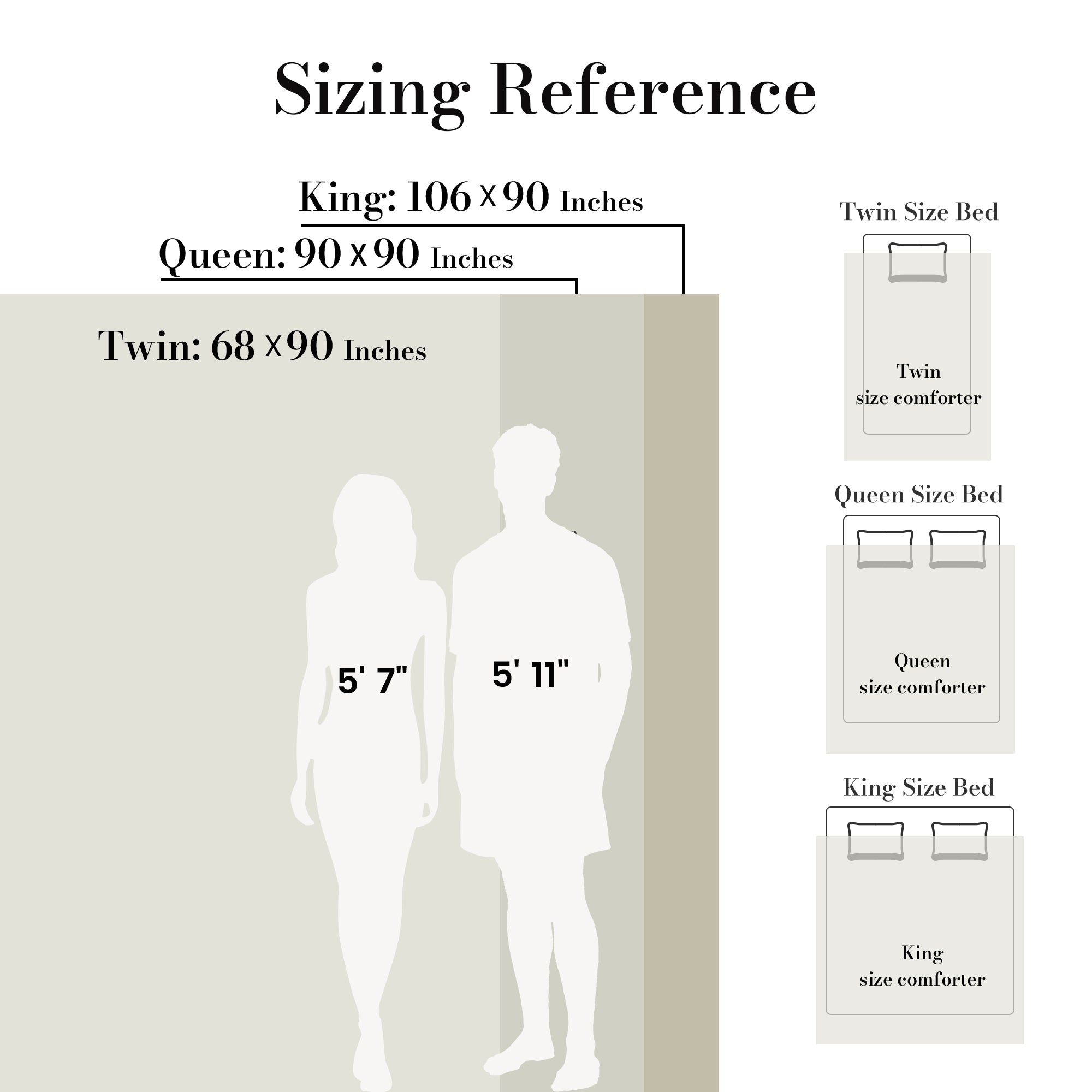 Sizing reference chart for bed and comforter dimensions with silhouettes of people and furniture.#color_Ivory