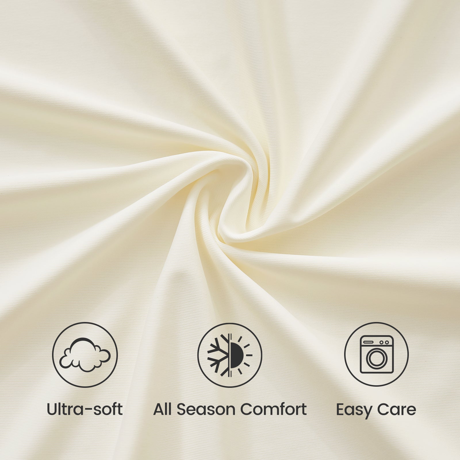 Close-up of fabric with icons and text indicating 'Ultra-soft', 'All Season Comfort', and 'Easy Care'.#color_White