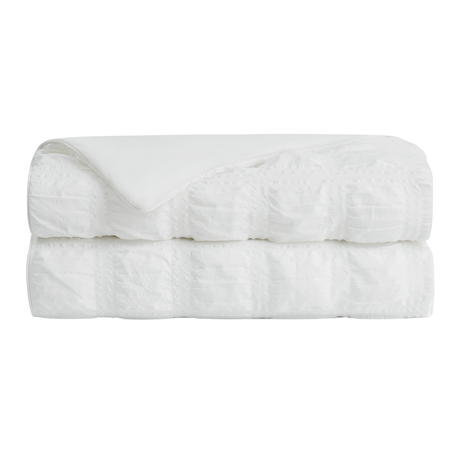 Folded Snuggle Sac Seersucker Plaid Cooling Comforter#color_White