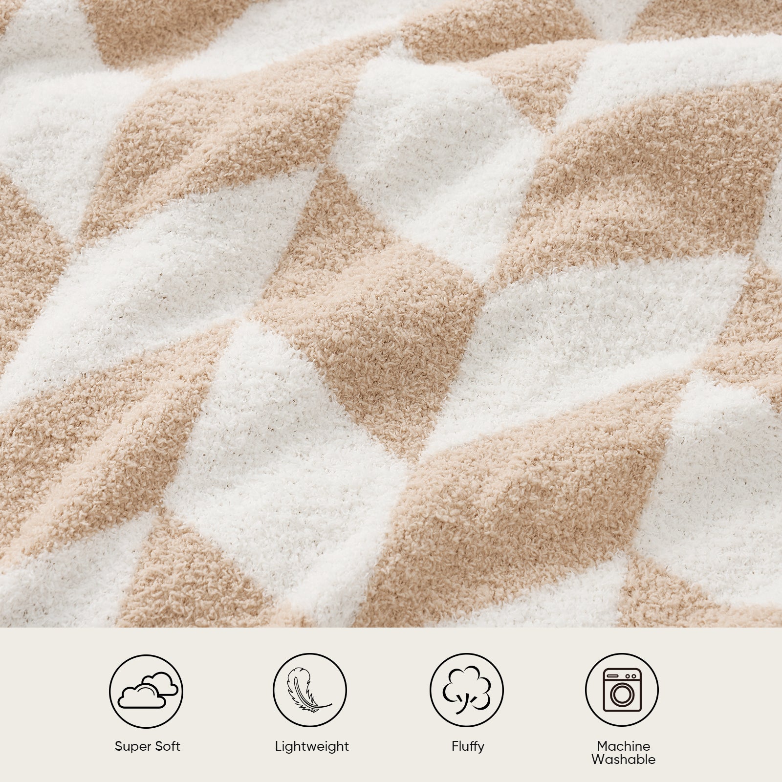Close up of Snuggle Sacs Chevron Feather Yarn Knit Throw Blanket, featuring 'Super Soft, Lightweight, Fluffy, Machine Washable'#color_Beige