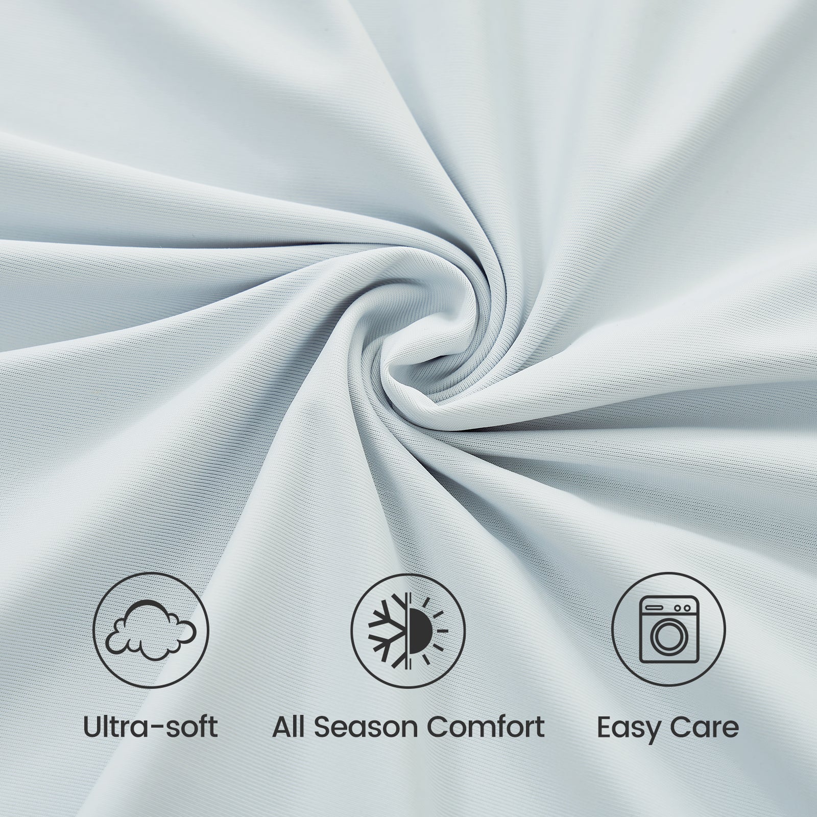 Close-up of fabric with icons and text indicating 'Ultra-soft', 'All Season Comfort', and 'Easy Care'.#color_Blue