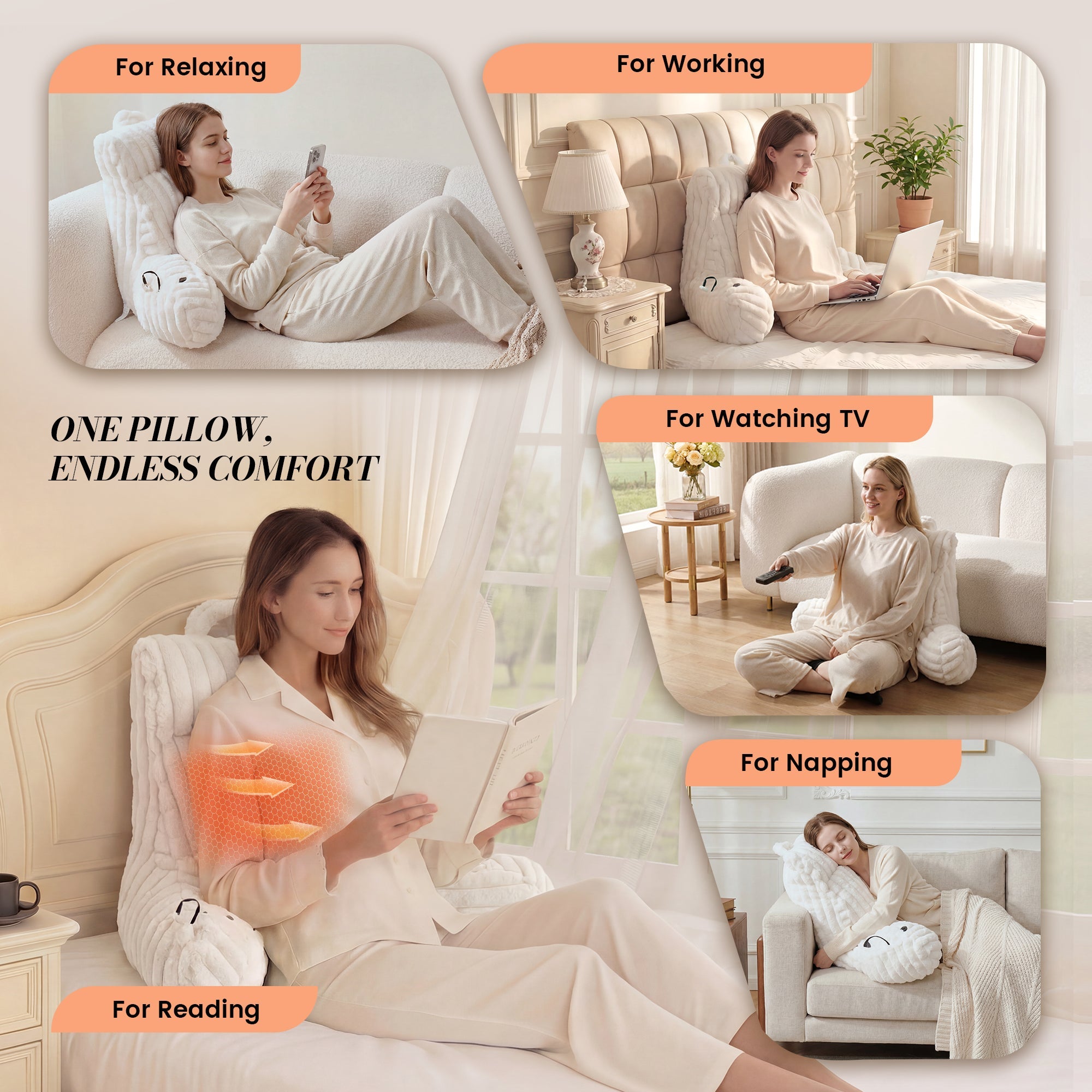 A woman laying on the Snuggle Sac Heated Faux Fur Backrest Reading Pillow in ivory for 5 different activities, featuring 'one pillow, endless comfort' #color_Ivory