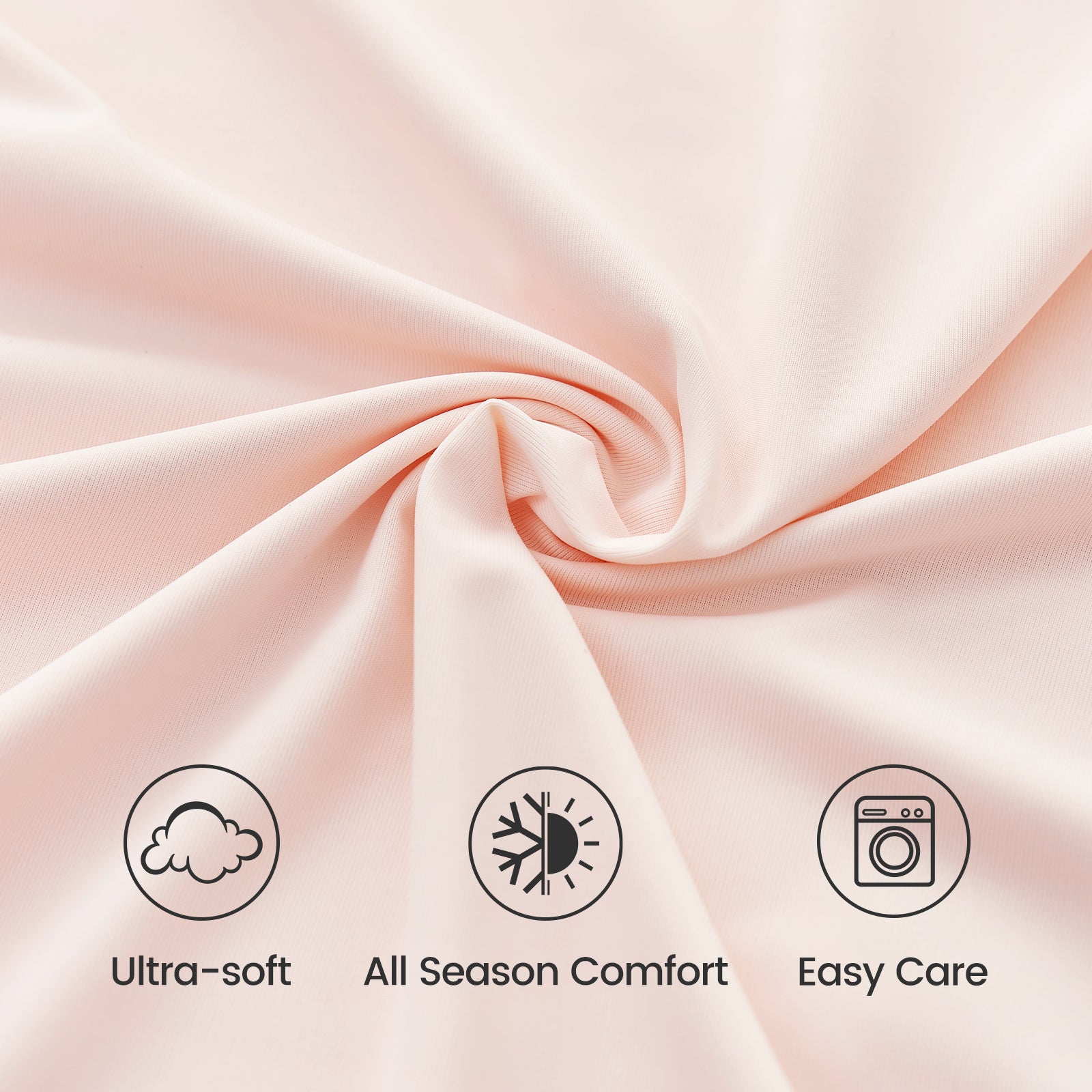 Close-up of Snuggle Sac fabric with icons and text indicating 'Ultra-soft', 'All Season Comfort', and 'Easy Care'.#color_Pink