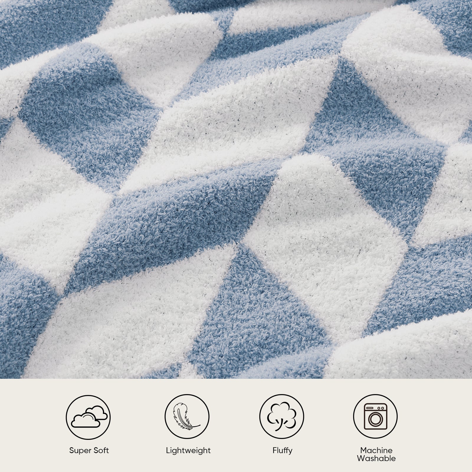 Close up of Snuggle Sacs Chevron Feather Yarn Knit Throw Blanket, featuring 'Super Soft, Lightweight, Fluffy, Machine Washable'#color_Blue