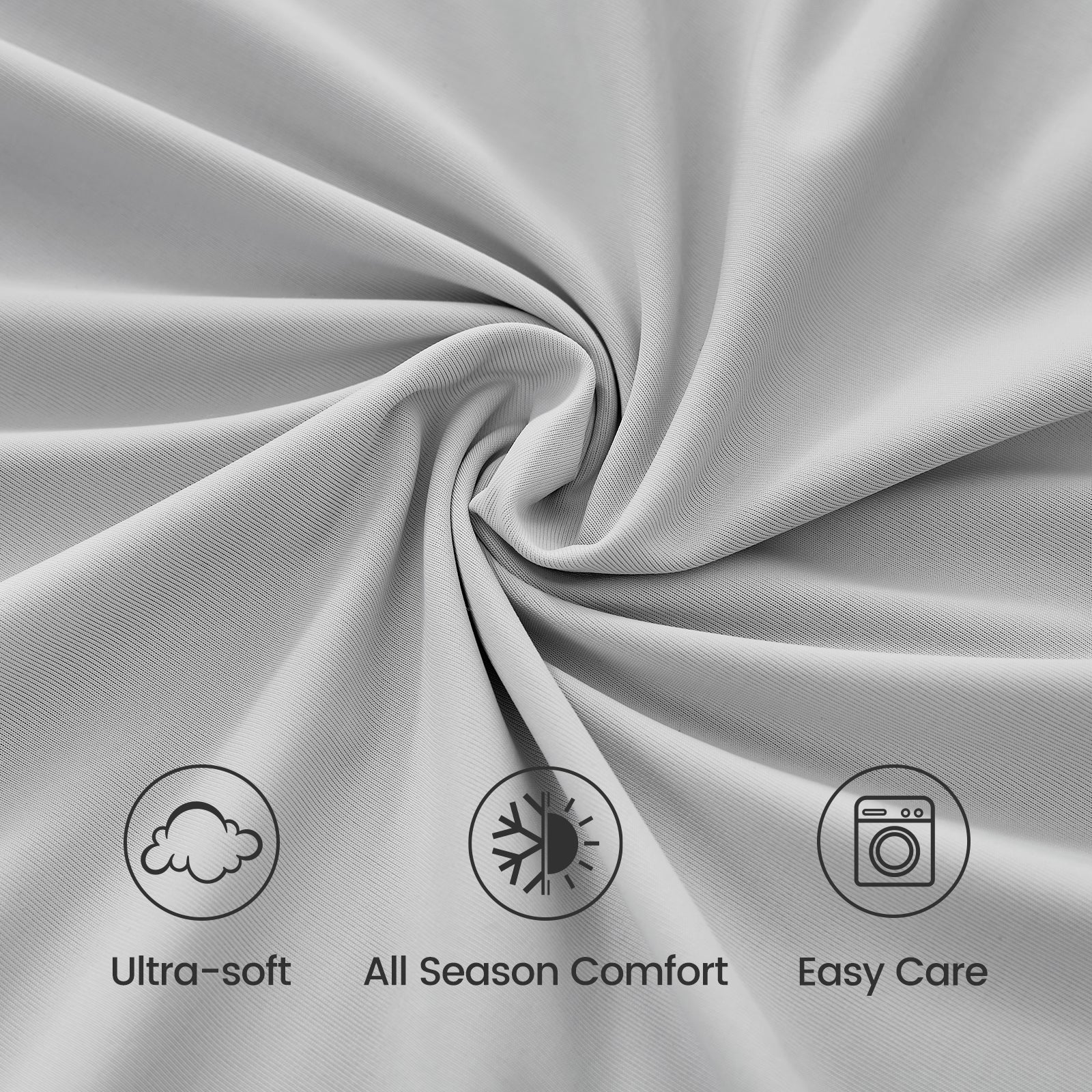 Close-up of fabric with icons and text indicating 'Ultra-soft', 'All Season Comfort', and 'Easy Care'.#color_Light Grey