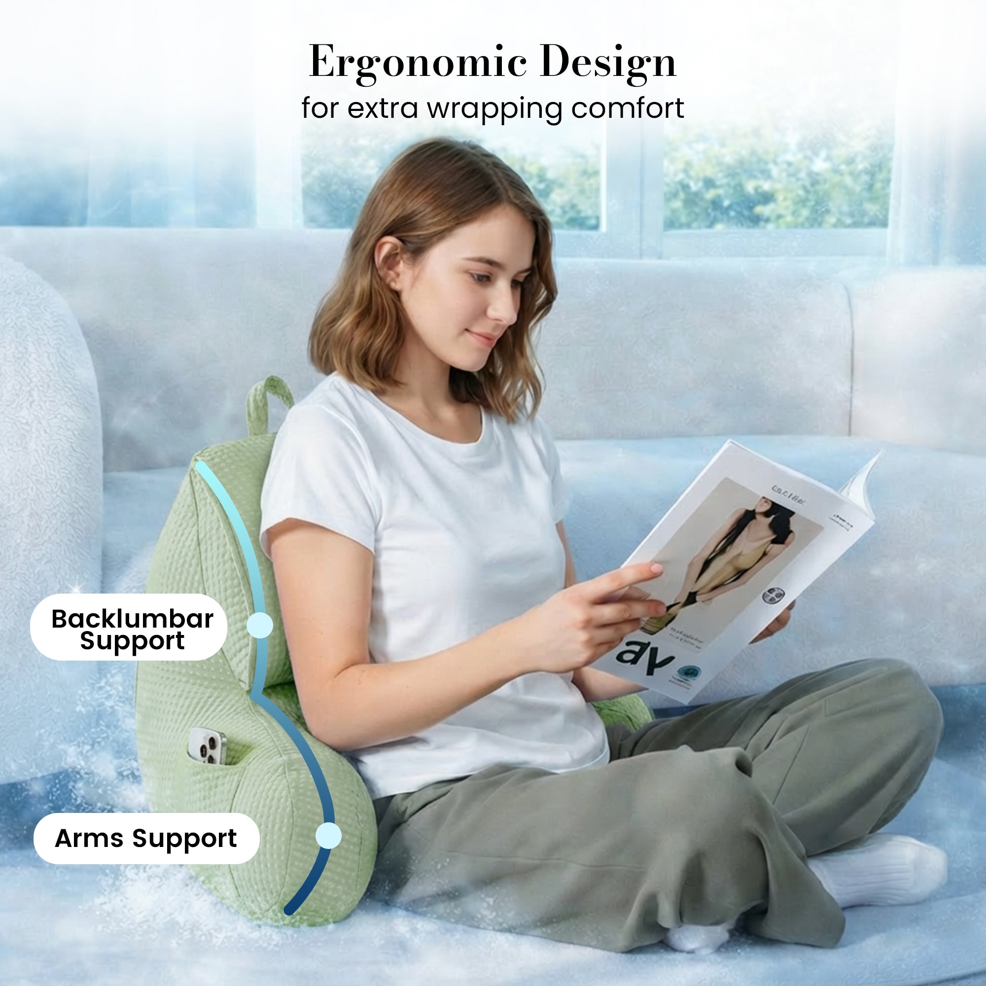 Snuggle Sac Backrest pillow featuring ergonomic support for back and arm when reading.#Color_Sage Green
