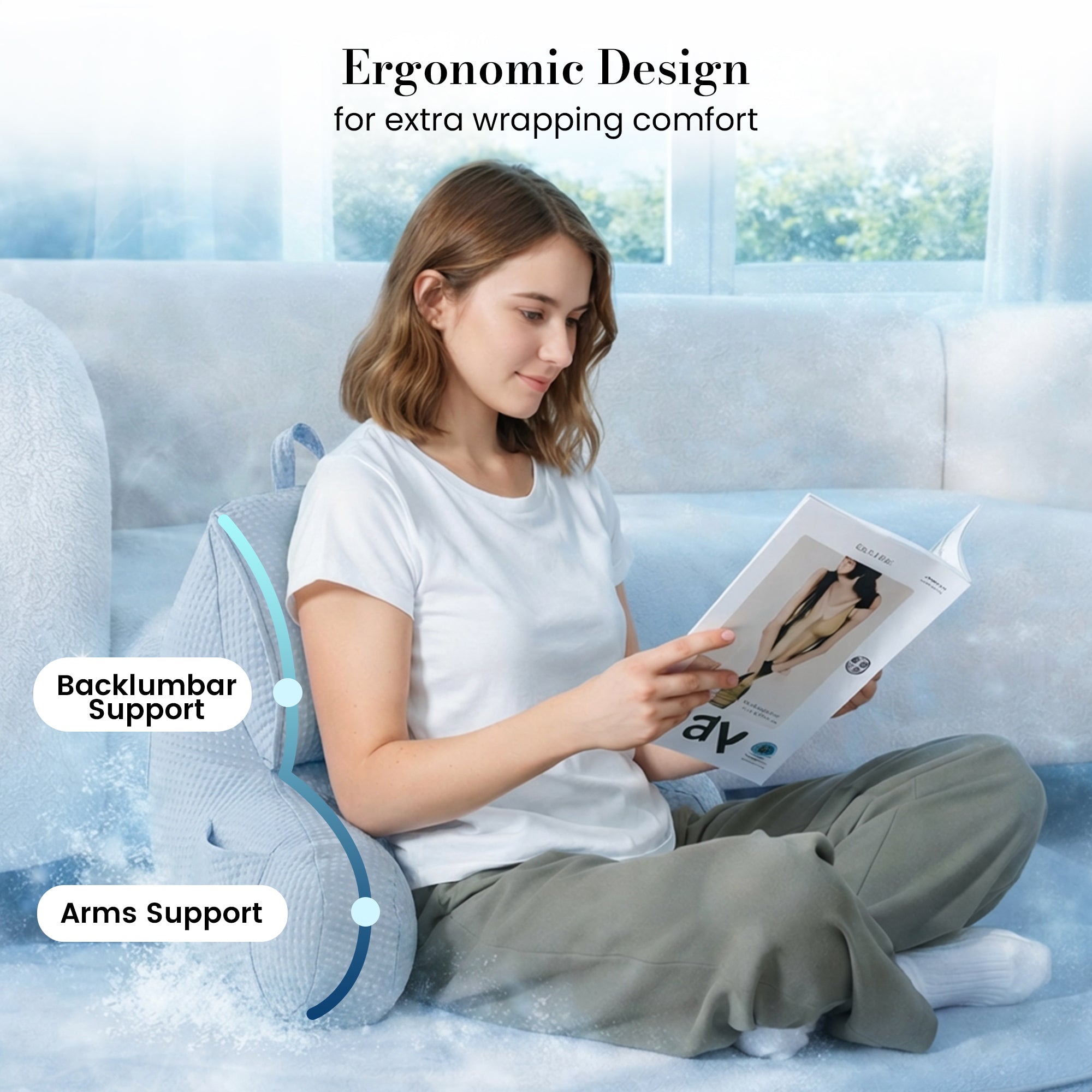 Snuggle Sac Backrest pillow featuring ergonomic support for back and arm when reading.#Color_Blue