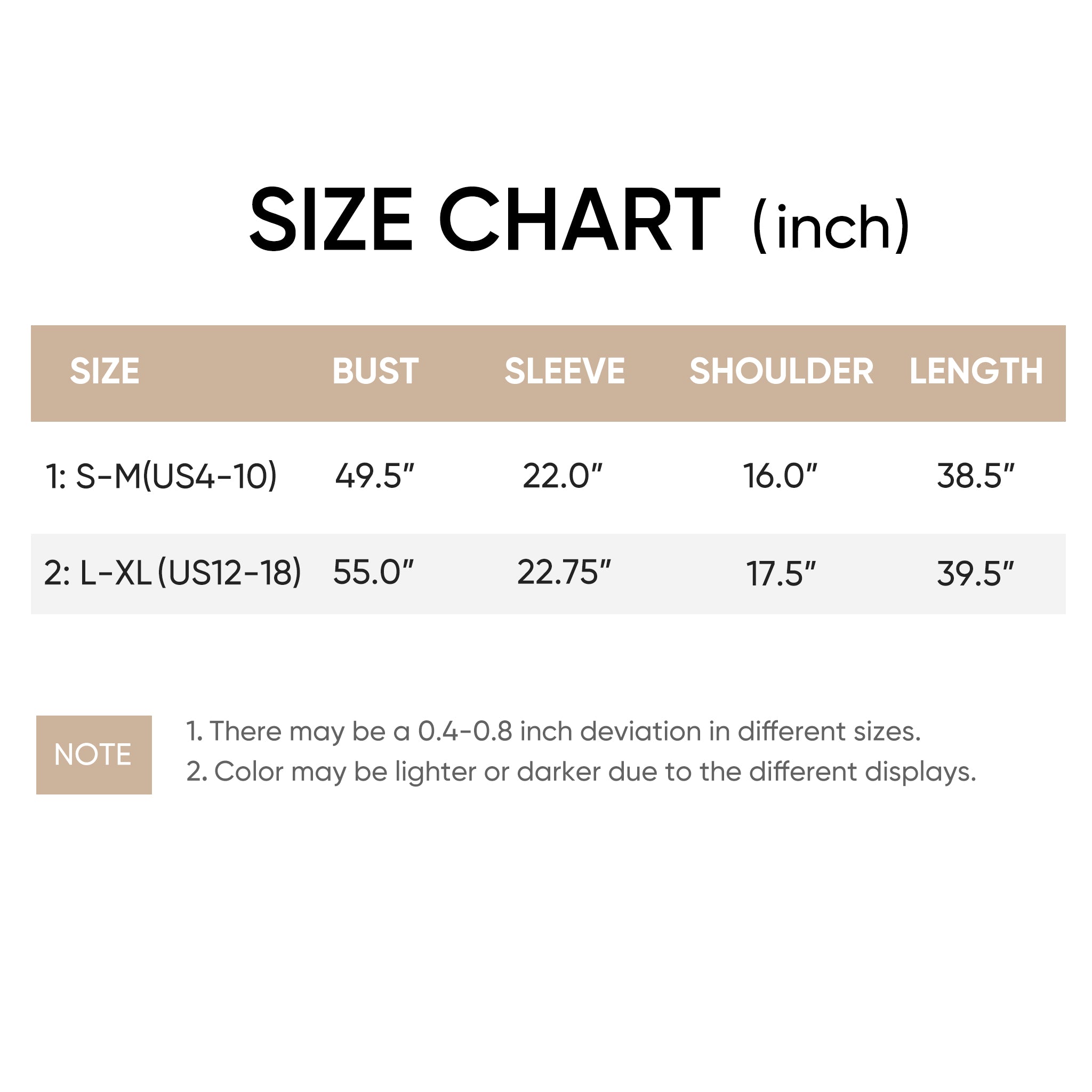 Snuggle Sac women robe with pockets displayed with size chart and garment measurements 