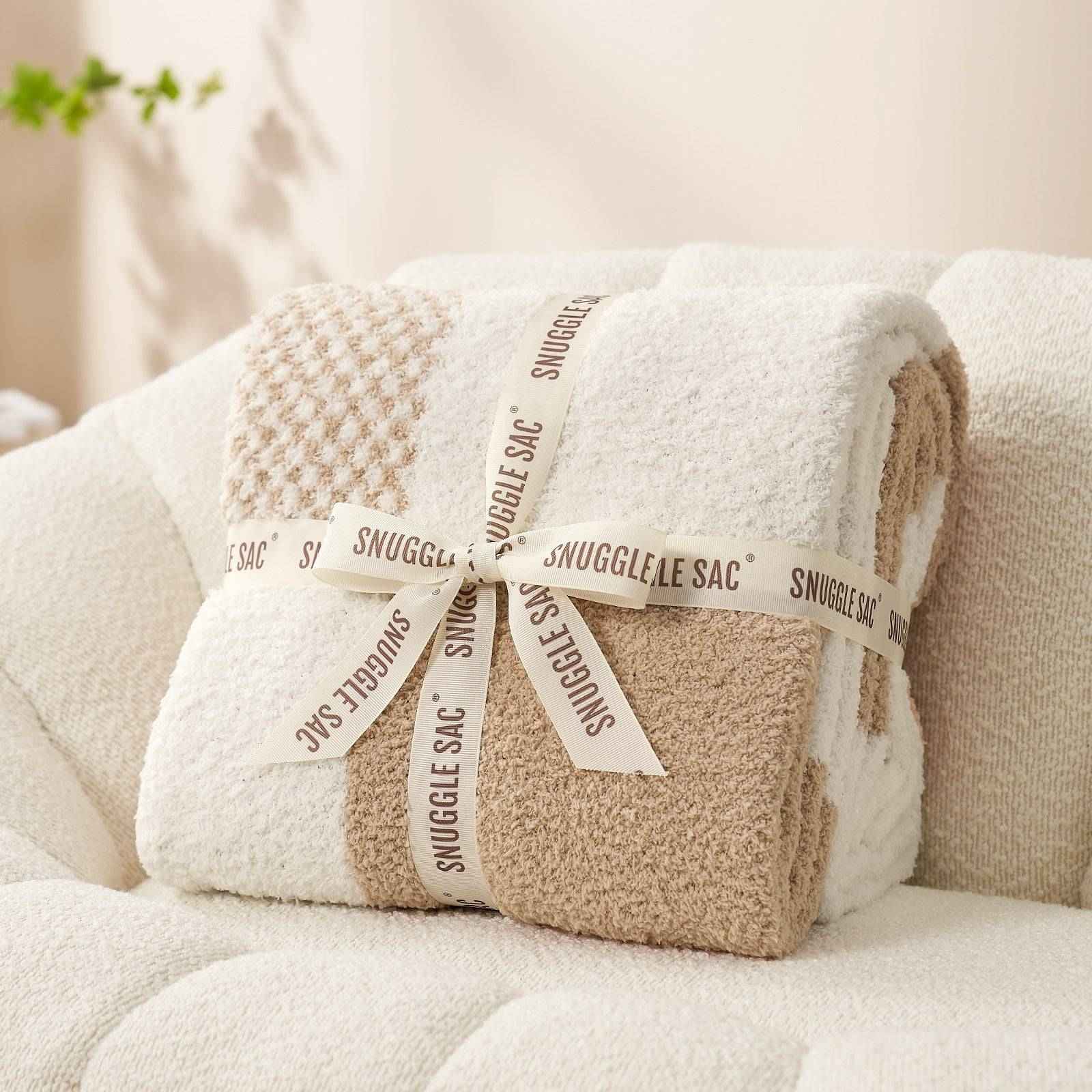 Snuggle Sac Checkered Feather Yarn Knit Throw Blanket, wrapped with the ribbon as a perfect gift#Color_Beige