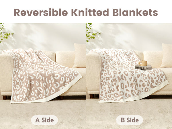 Reversible Leopard Feather Yarn Knit Throw Blanket with A and B sides#Color_Leopard Beige